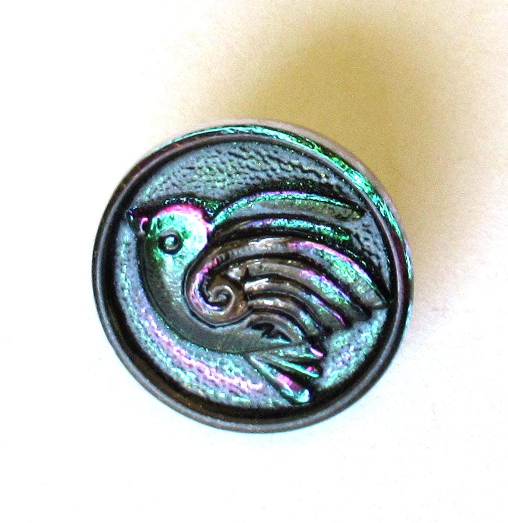 One 18mm Czech glass bird button - iridescent green with pink - art glass decorative shank button 000052