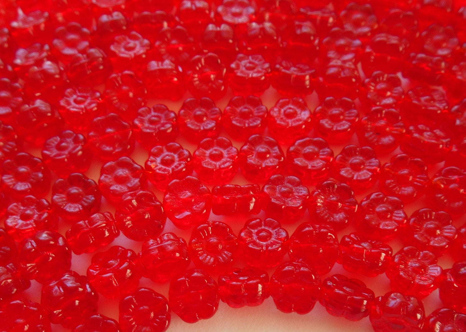 25 6mm Siam Red Czech glass flower beads, pressed glass red flower beads, C4001