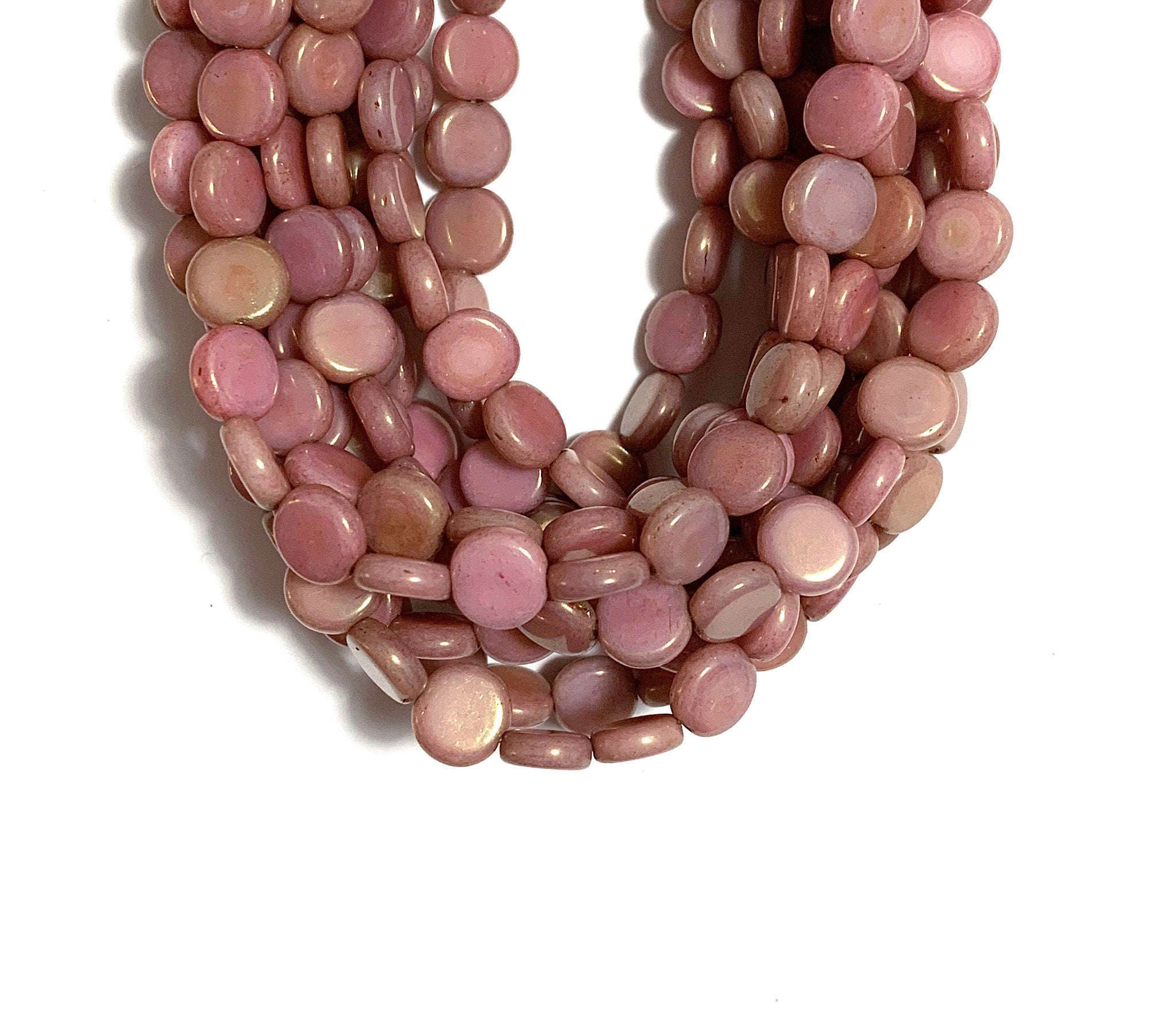 Lot of 30 8mm Czech glass flat round beads - pink luster coin or disc beads C0039