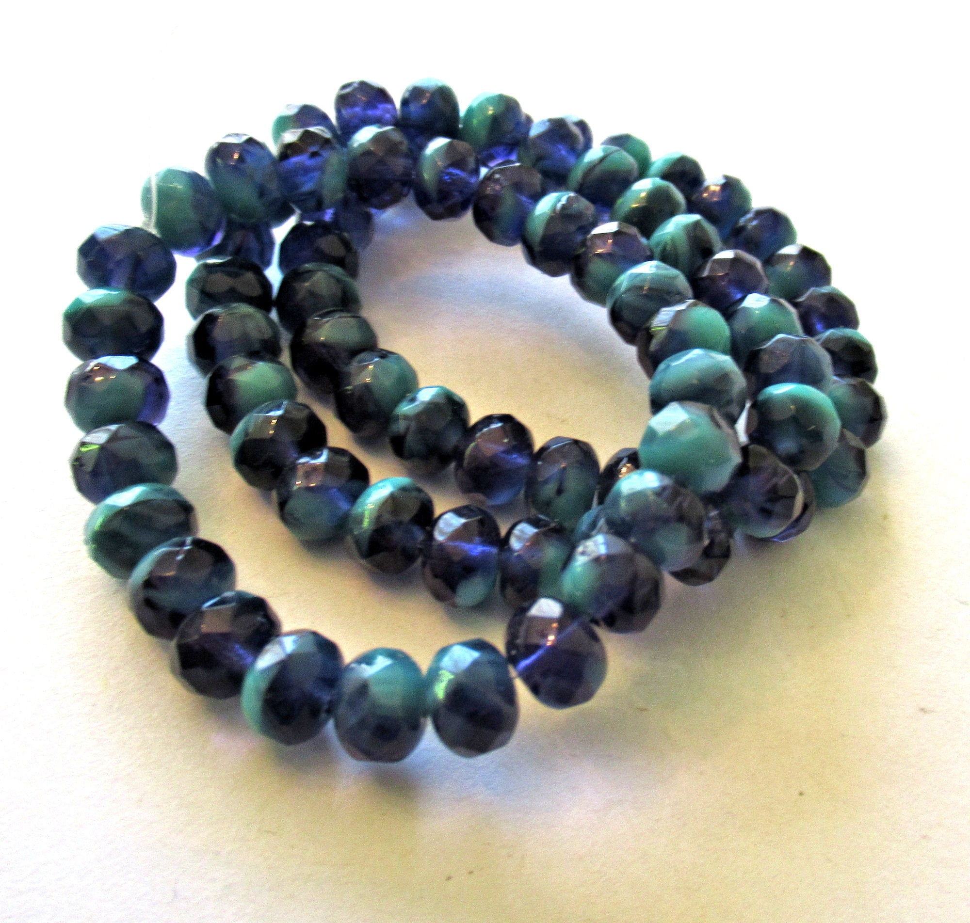 25 Czech glass puffy rondelle beads - 5 x 7mm transparent cobalt blue & opaque turquoise color mix faceted fire polished rondelles 00051