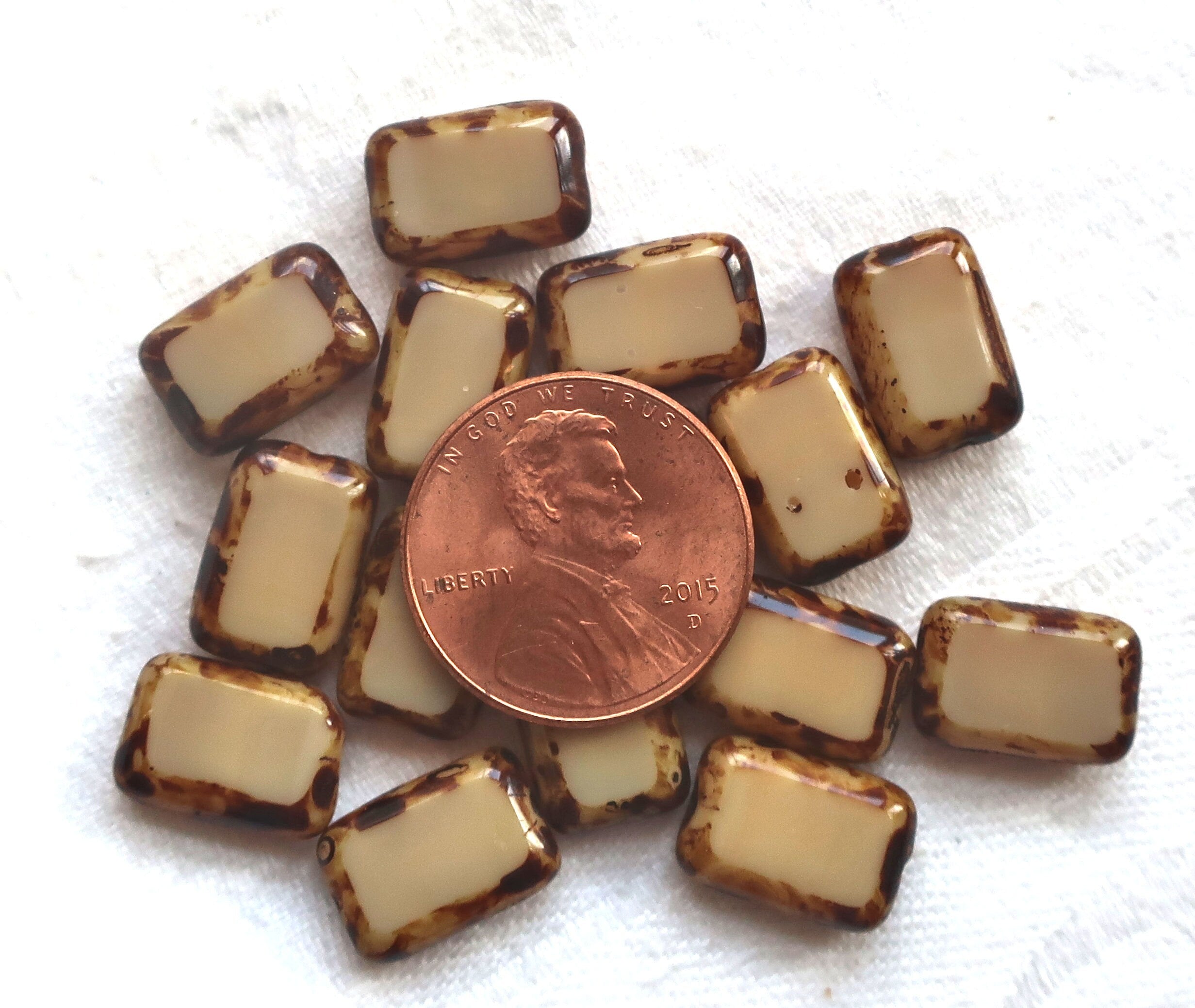 Ten rectangular Opaque tan brown beige neutral picasso Czech glass beads - 12mm x 8mm - table cut rectangle beads, C0069