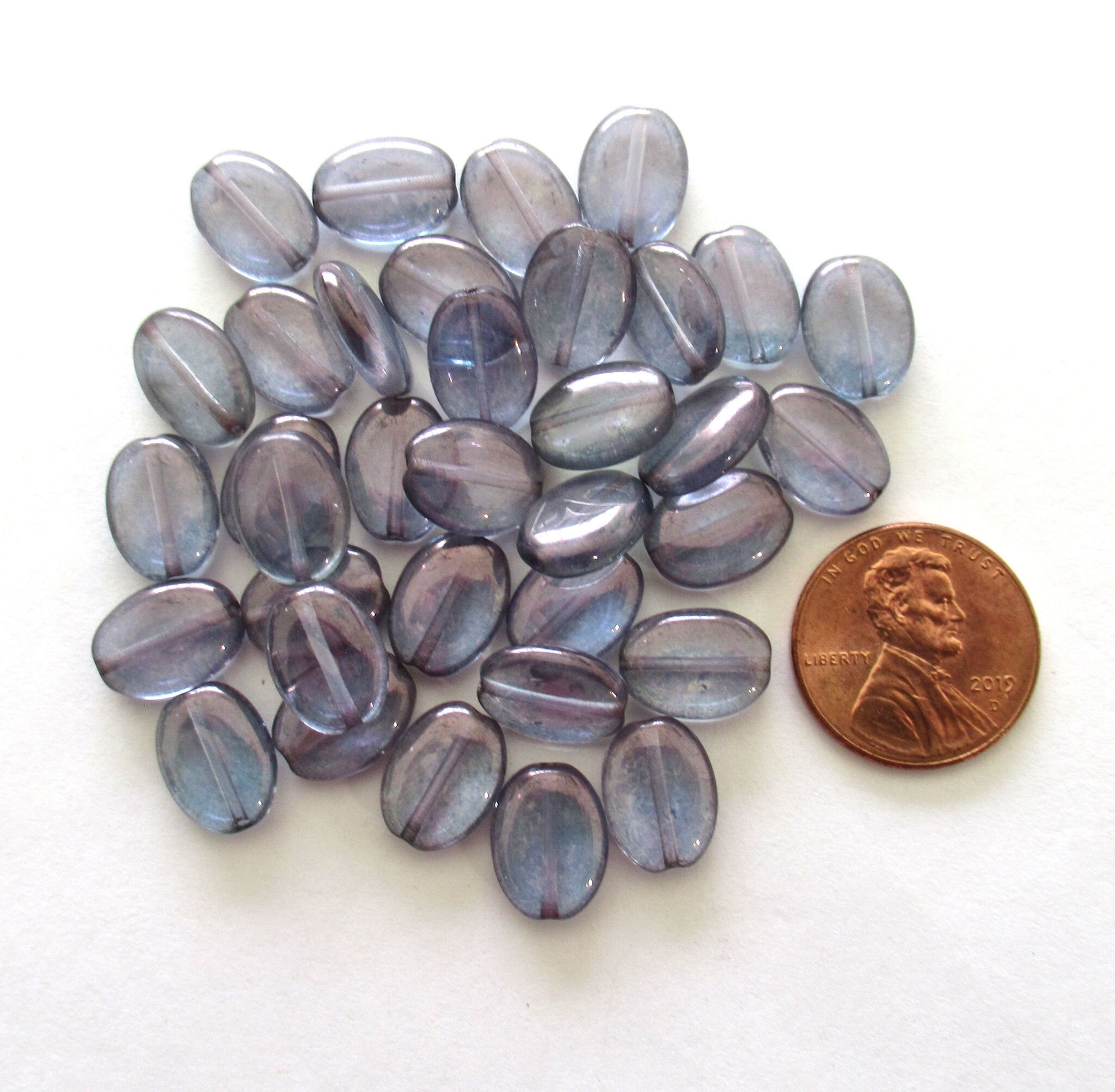 25 Czech glass flat oval beads - lumi blue beads with a light Iridescent purple finish - 12mm x 9mm pressed glass beads C0076