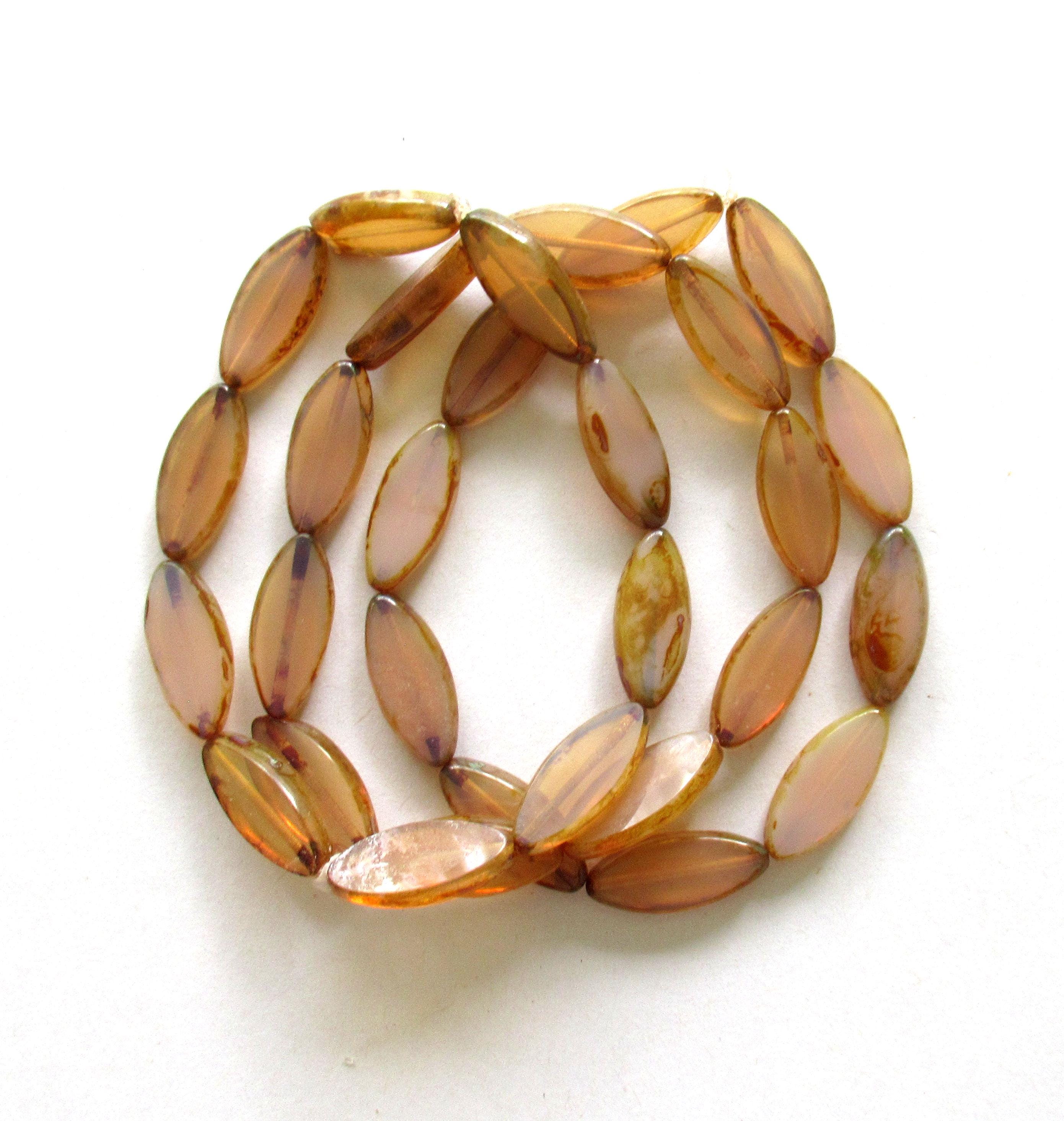 Ten Czech glass spindle beads - light pink opaline beads with a picasso finish - 17 x 8mm oval beads - 00791