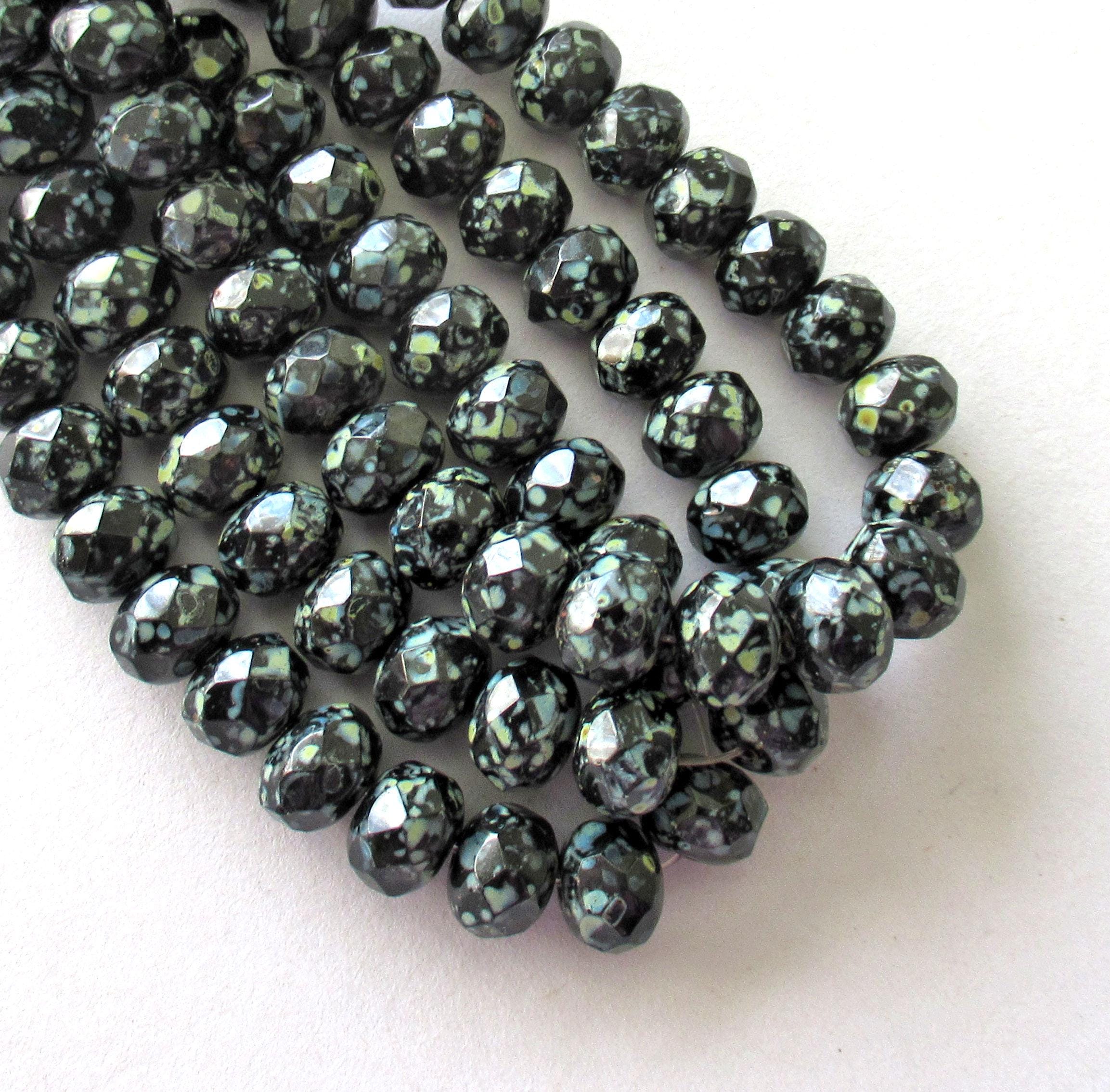 25 Czech glass puffy rondelles - 6 x 8mm jet black with a full picasso coat - faceted fire polished donut beads - C00591