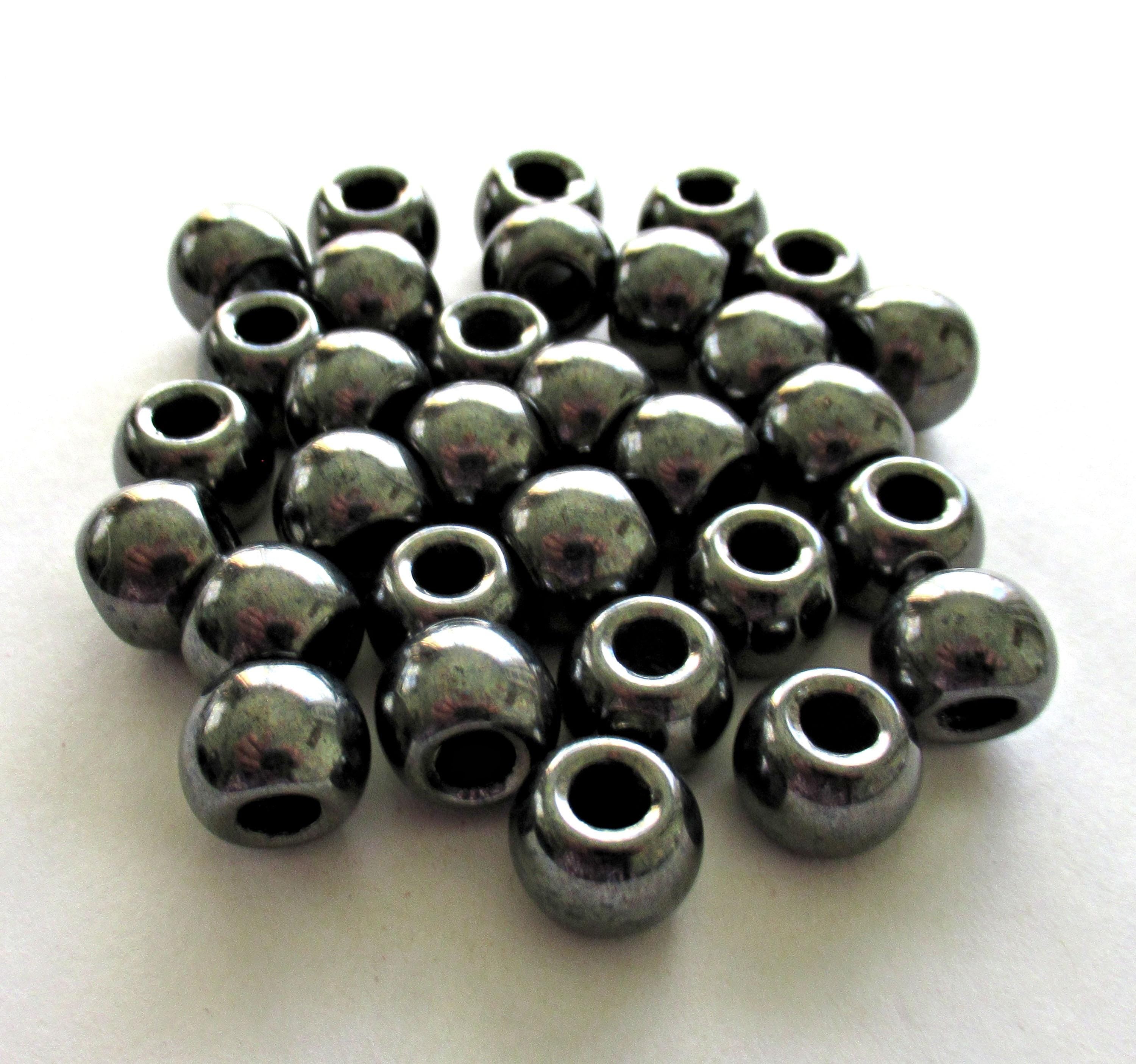 Large big hole round druk beads - 12mm - metallic hematite or gun metal Czech glass druks - large 4mm holes - six pieces - C00401