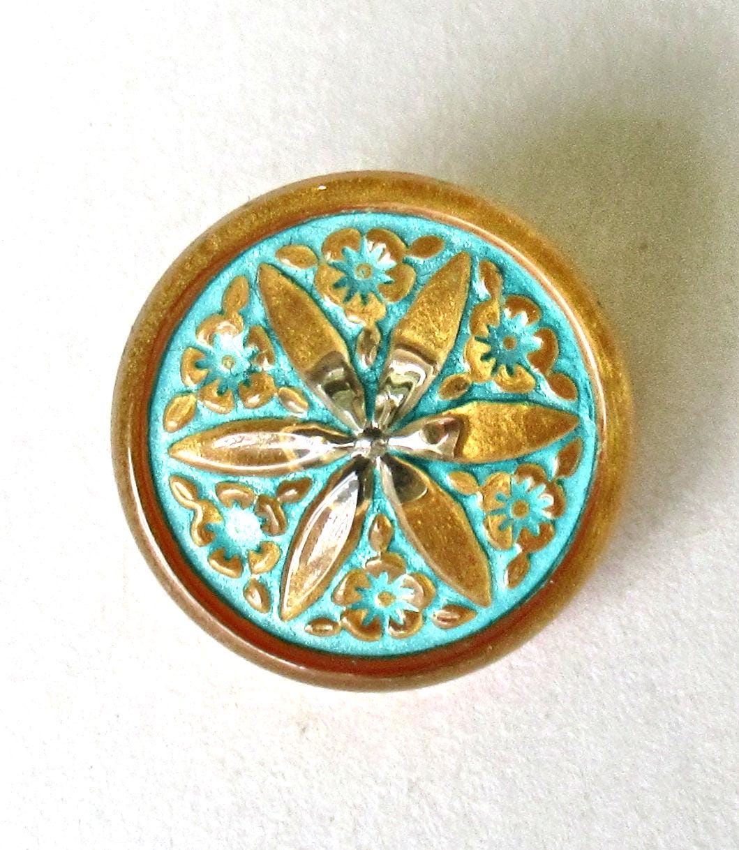 One 18mm Czech glass flower button - gold with a turquoise blue wash - decorative floral shank button - 00392