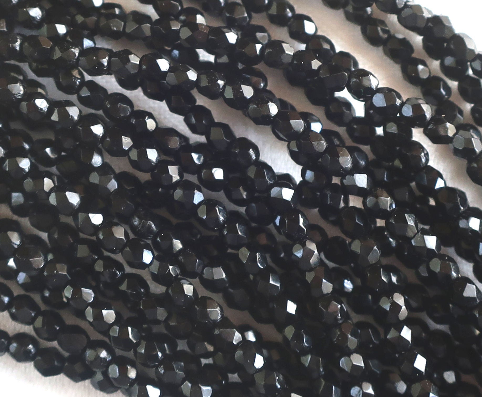 Lot of 50 3mm Jet Black Czech glass beads, round faceted fire polished beads, C0350