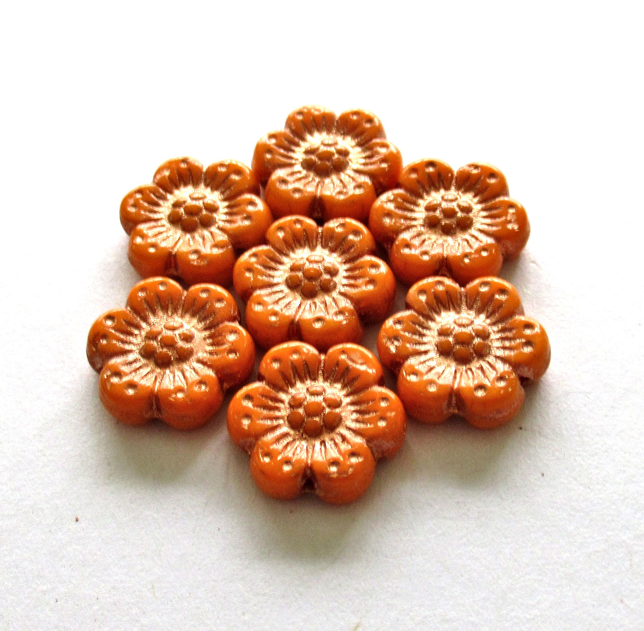 Czech glass wild rose flower beads - 14mm - opaque orange floral beads with a copper wash - 10 beads - C0471