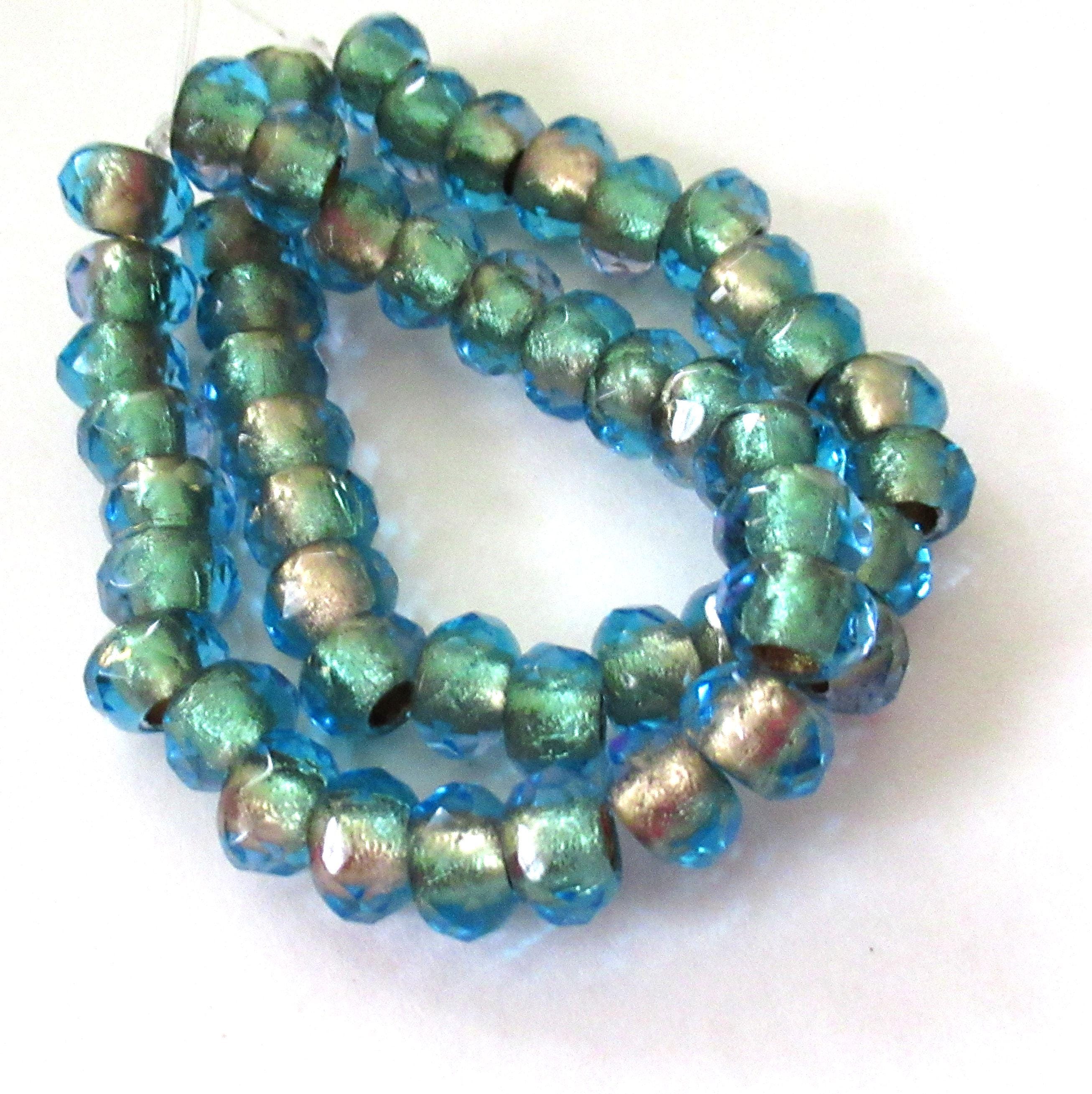 Ten faceted Czech glass roller or rondelle beads - blue gold lined - 9 x 6mm - big 3mm holes - big hole donut beads 00911