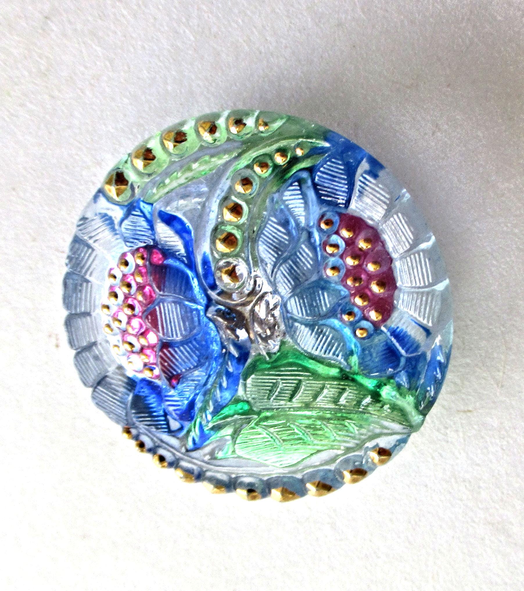 One 27mm Czech flower glass button - blue, pink, green & clear glass with gold accents - two flowers decorative shank button- C5301