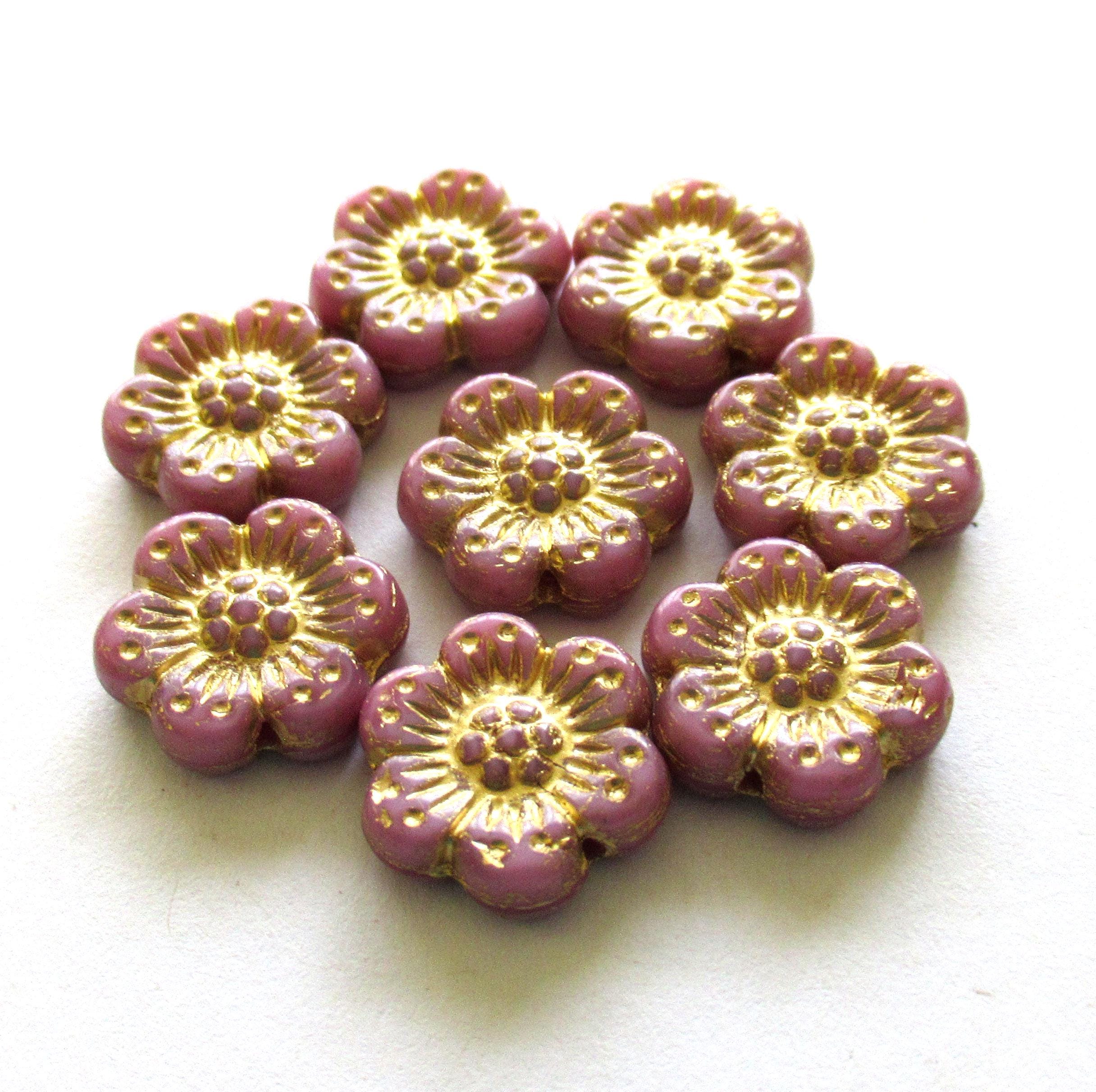 Czech glass wild rose flower beads - 14mm - opaque pink floral beads with a gold wash - -10 beads - C00122