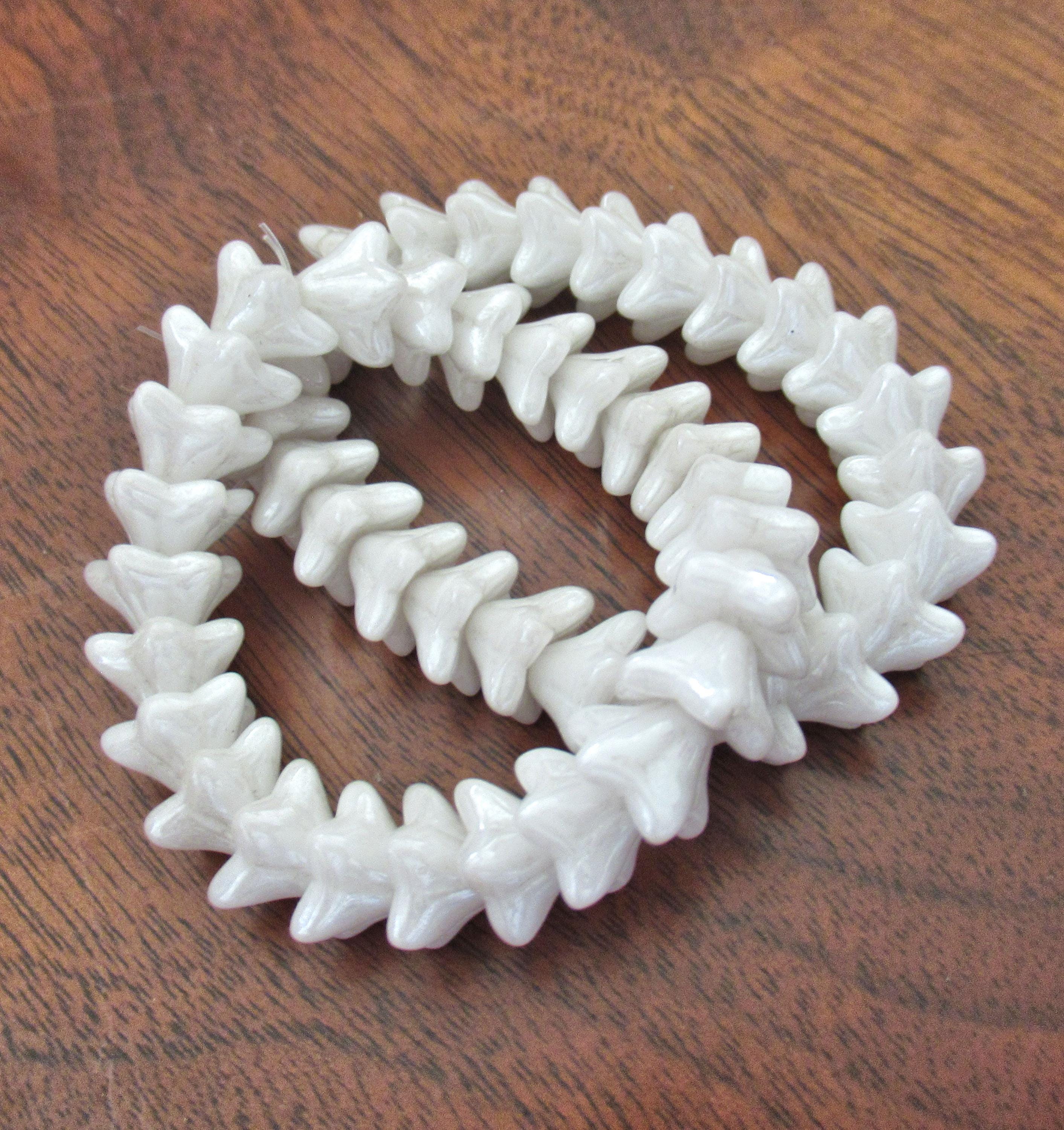 25 Czech glass bell flower beads- 9 x 6mm - opaque white luster pressed glass beads - C00381