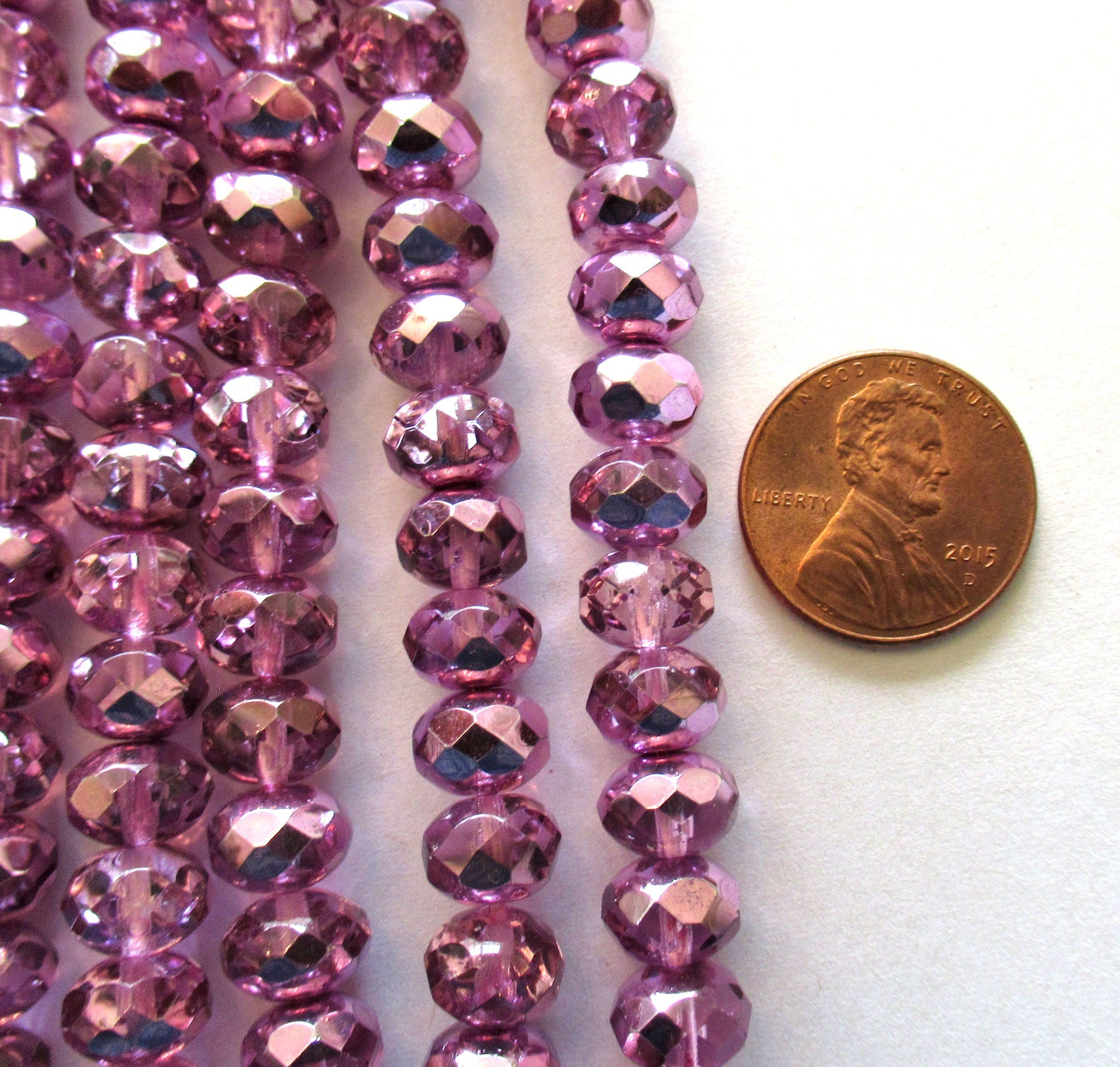 Lot of 25 6 x 9mm Czech glass puffy rondelle beads - purple / pink rose metallic ice fire polished, faceted beads C00681