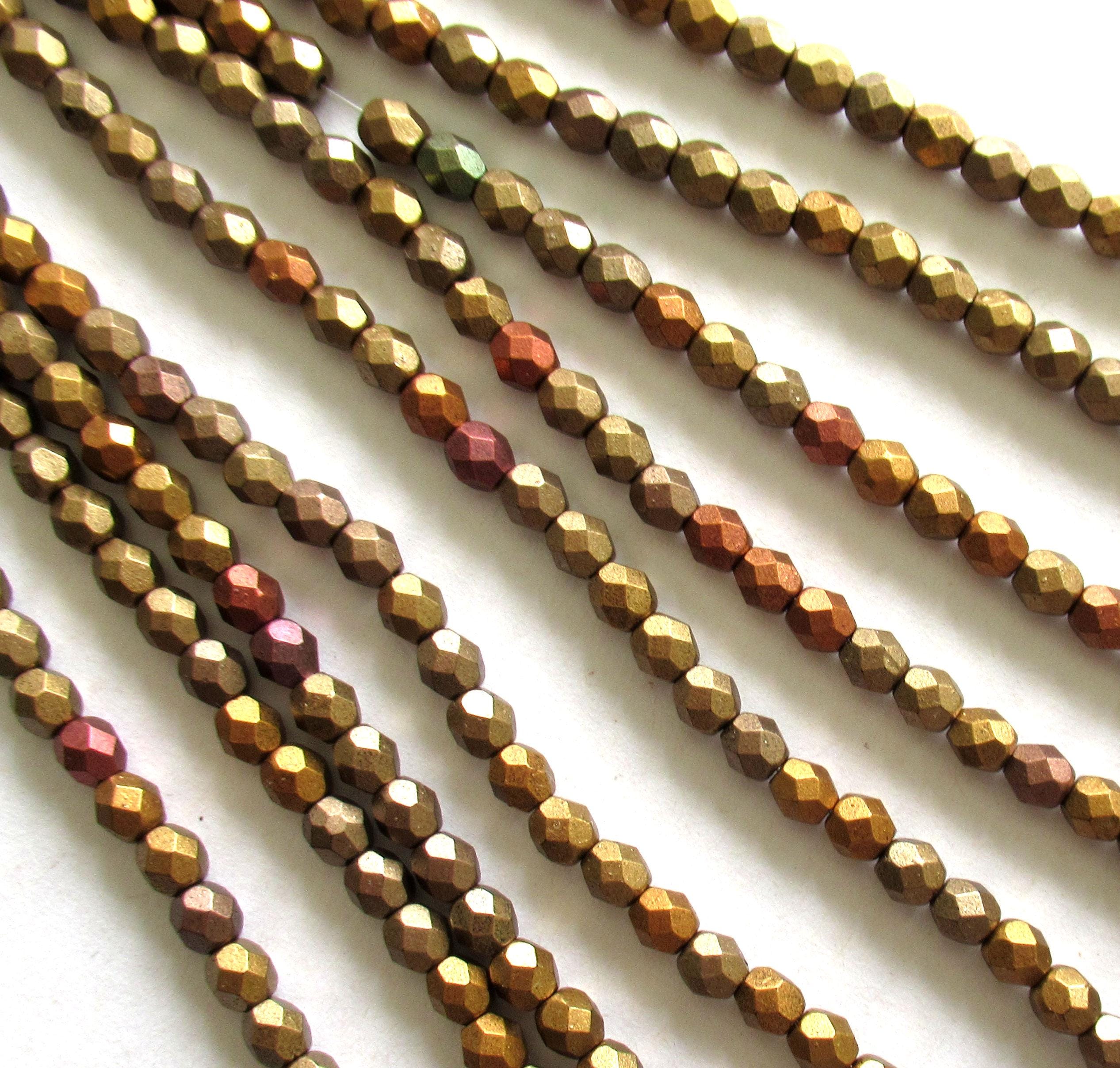 50 4mm Czech glass faceted round beads - matte metallic gold iris - fire polished beads, C1550