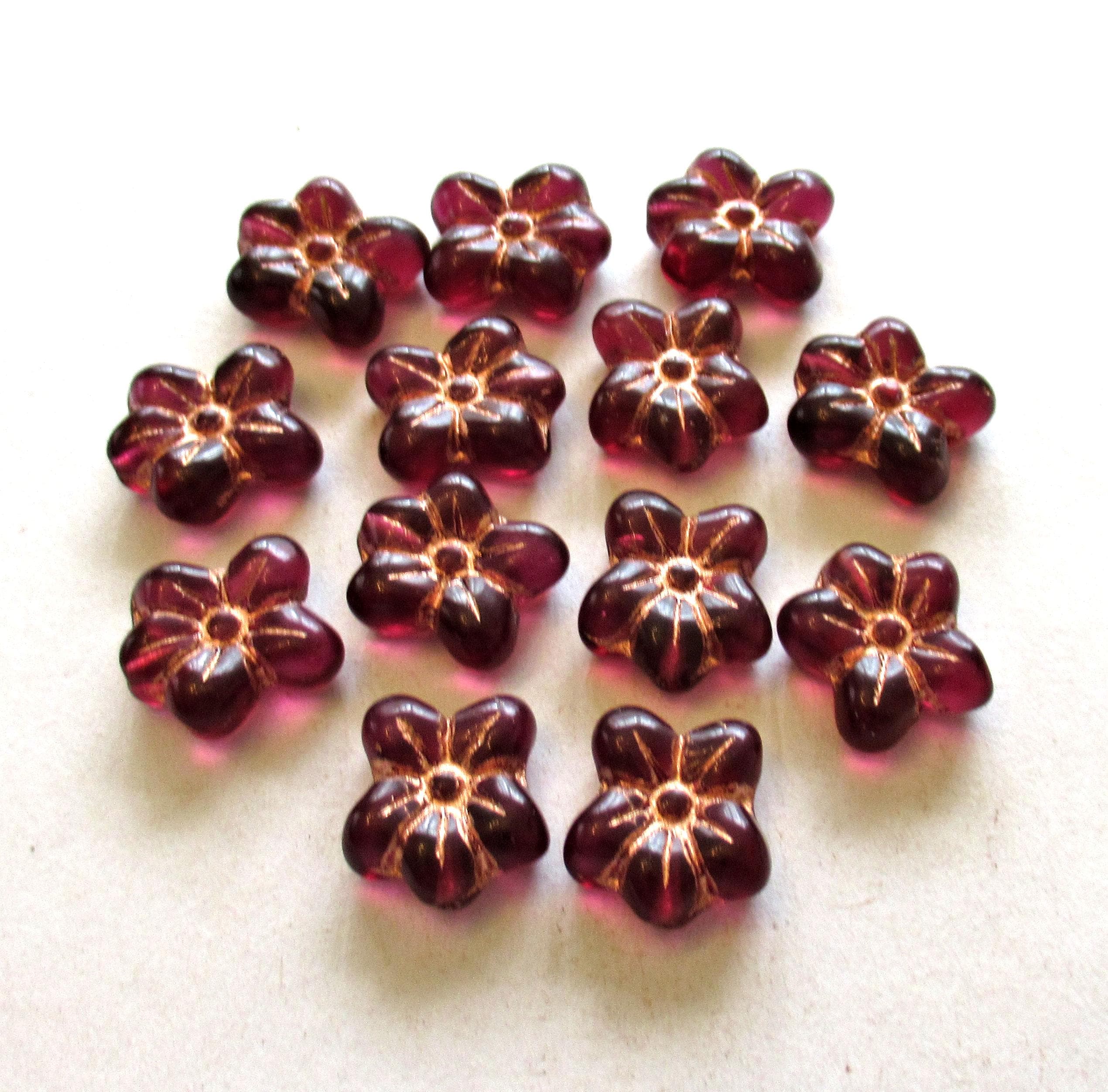 Ten Czech glass flower beads - raspberry pink with copper accents - 14 X 12mm - asymmetrical pressed glass flowers - C0731