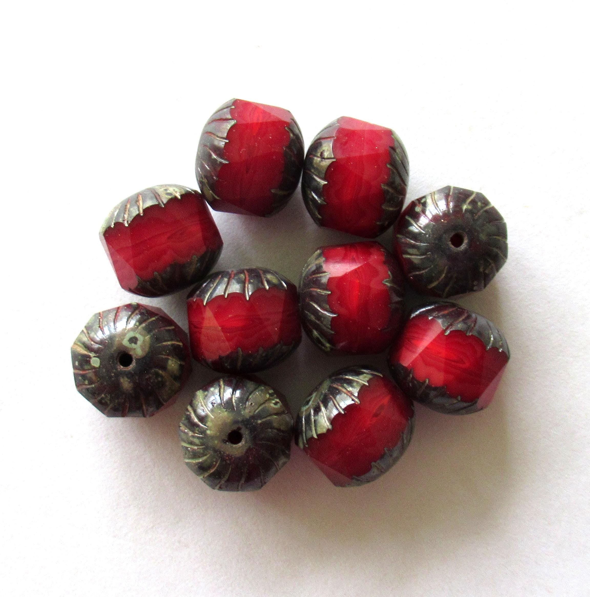 Ten large Czech glass center faceted carved cruller beads - 10mm - round light garnet red silk cathedral beads with picasso accents - 00005