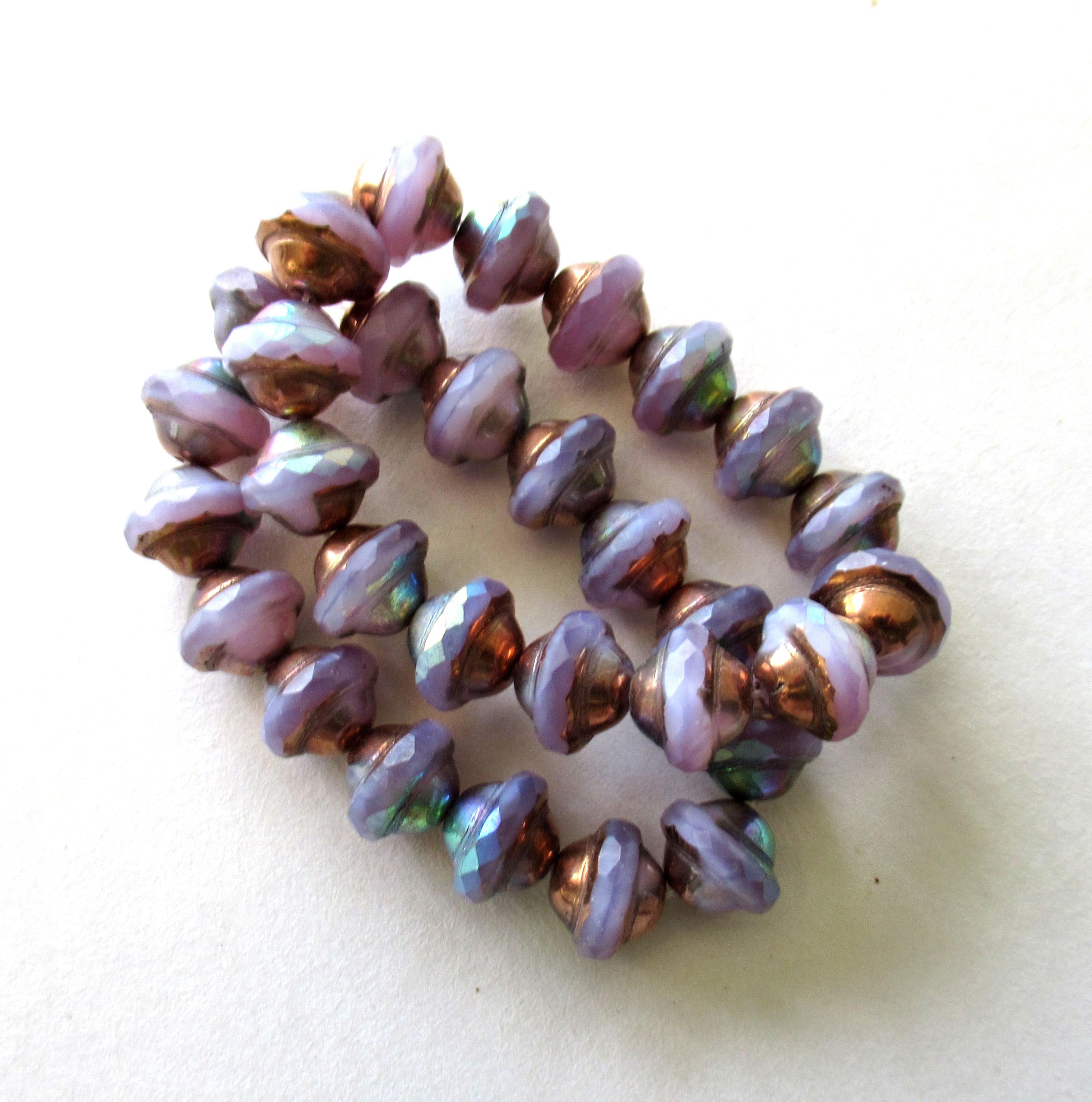 15 Czech glass saturn beads - 8 x 10mm translucent milky purple / lavender ab - faceted saucer beads with copper picasso accents C00542