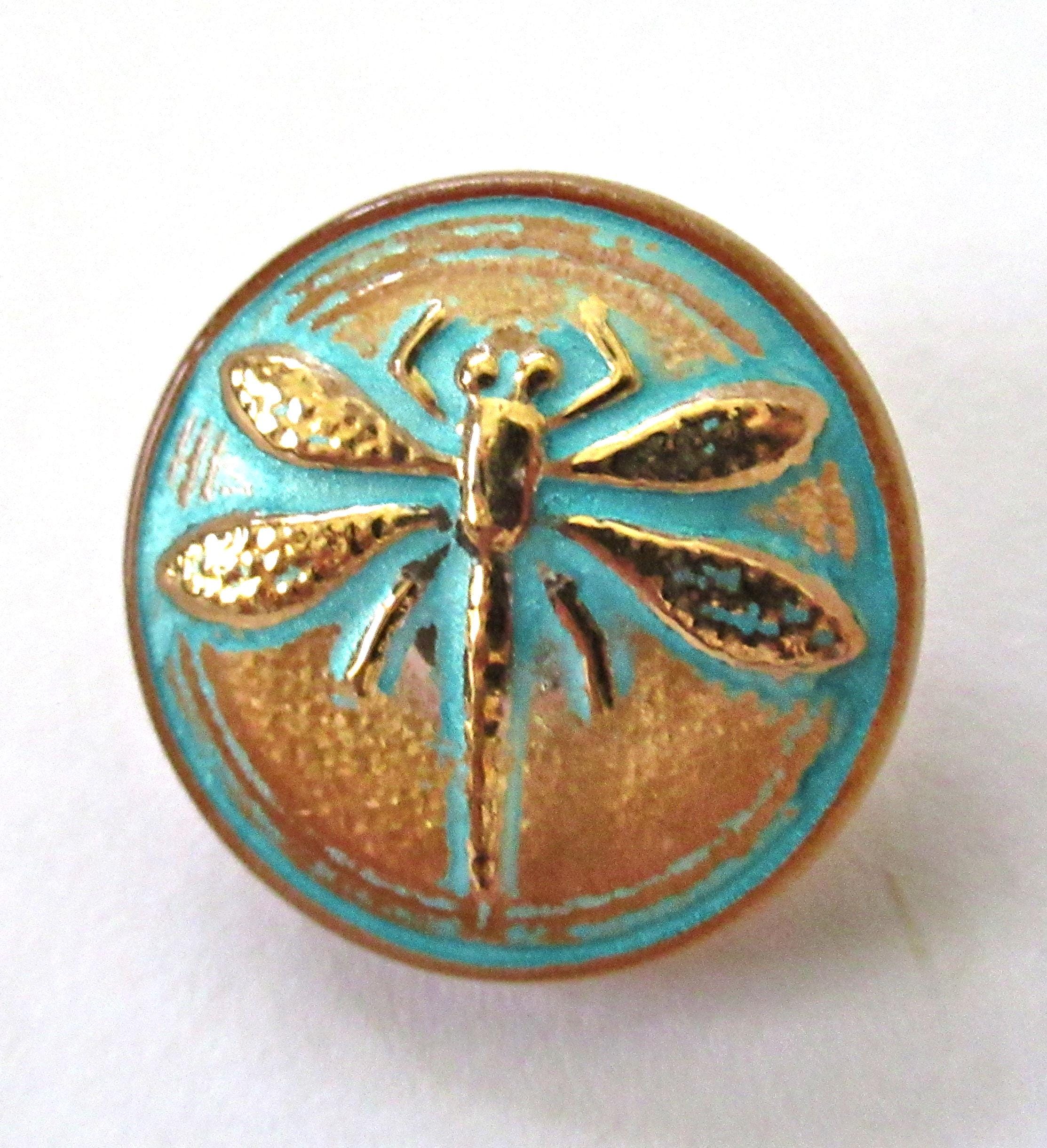 One 18mm Czech glass dragonfly button - clear glass over gold with a gold dragonfly & a turquoise wash - decorative shank buttons - 00052