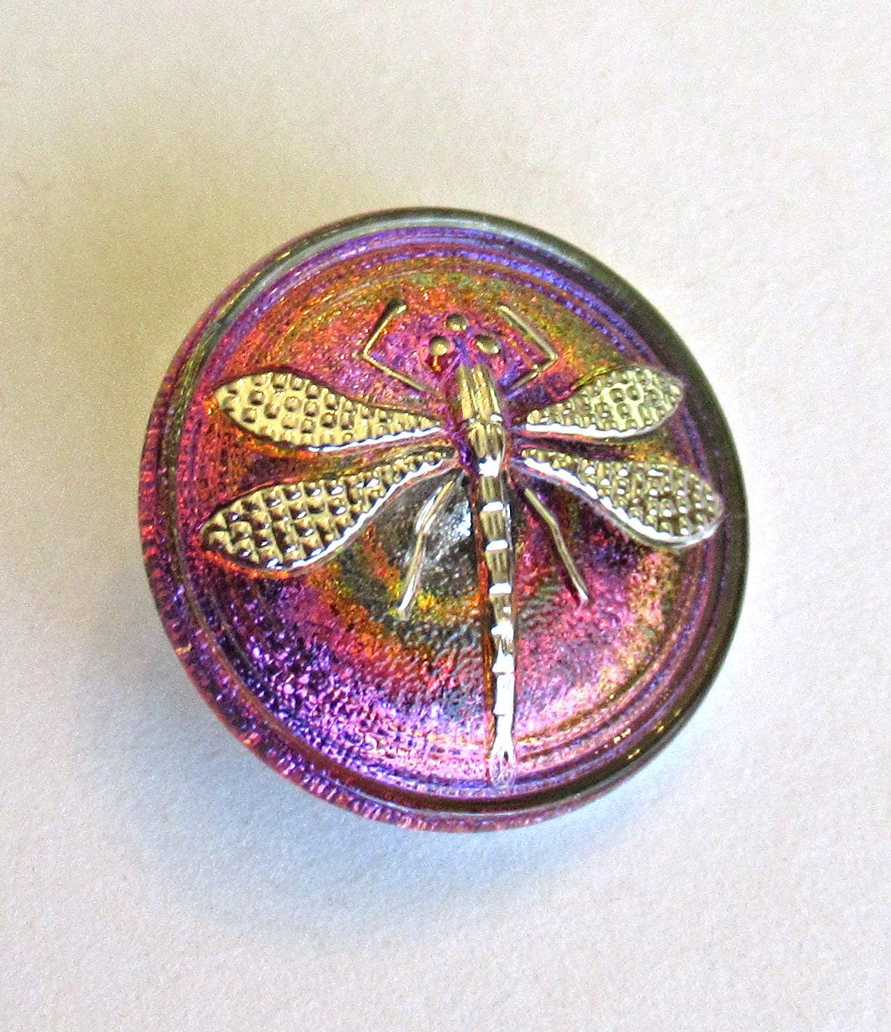 One 22mm Czech glass dragonfly button - iridescent pink orange and purple with silver accents - decorative shank art glass button 00082