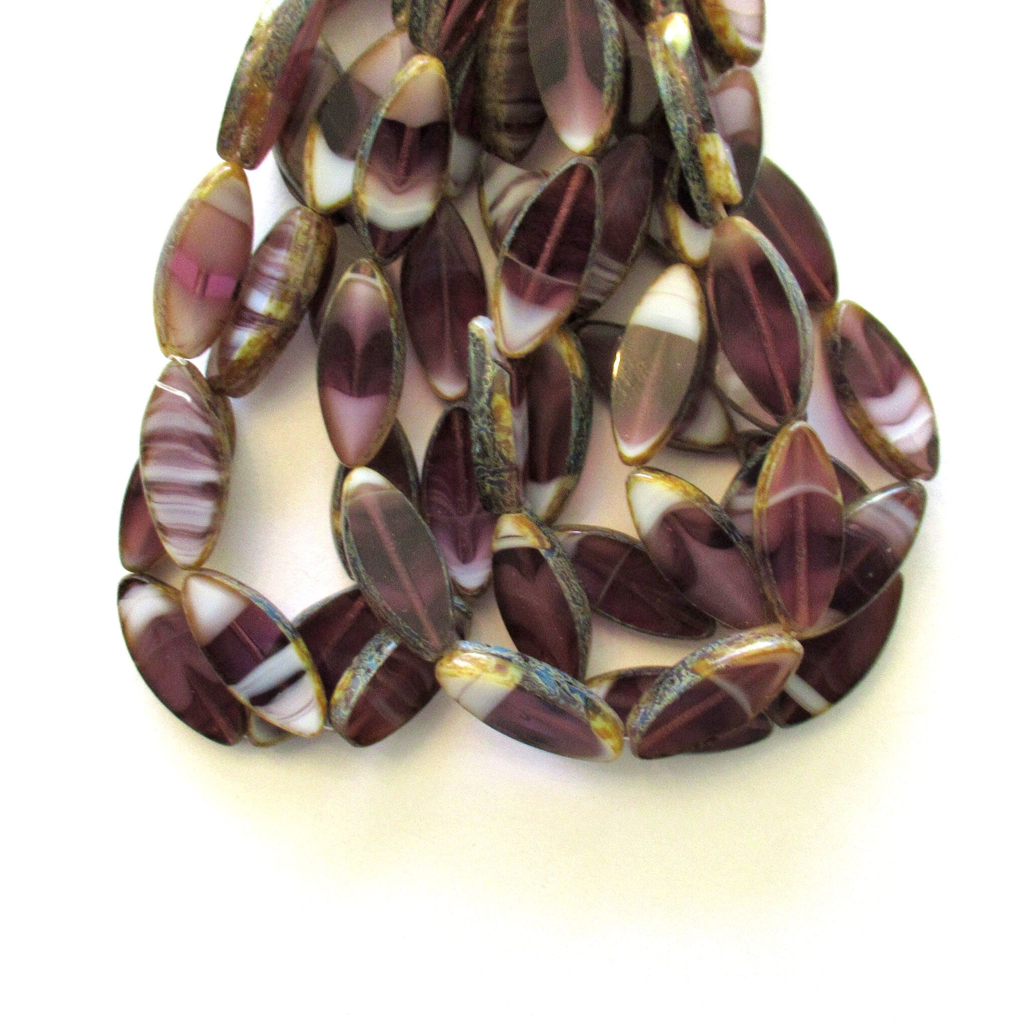 Ten Czech glass spindle beads - 18mm x 7mm - marbled purple or amethyst & white picasso beads - table cut almond shaped tube beads C00361