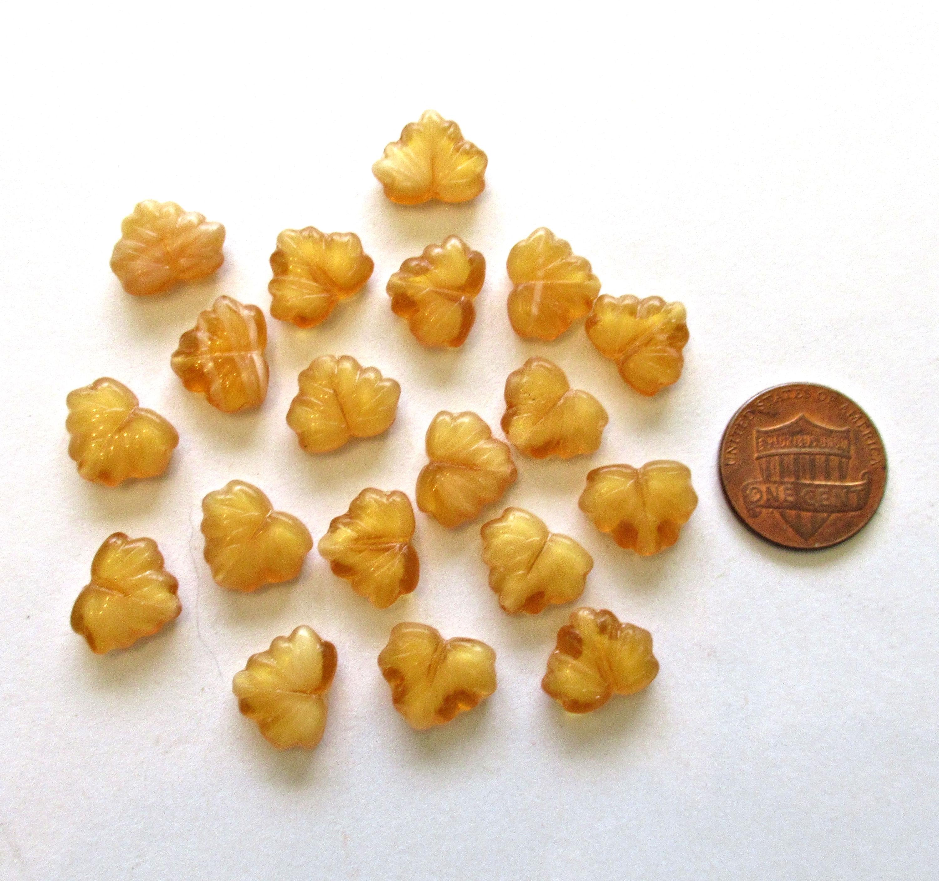10 Czech glass maple leaf beads - amber leaves with white hearts - center drilled - 13 x 11mm leaves- C00201