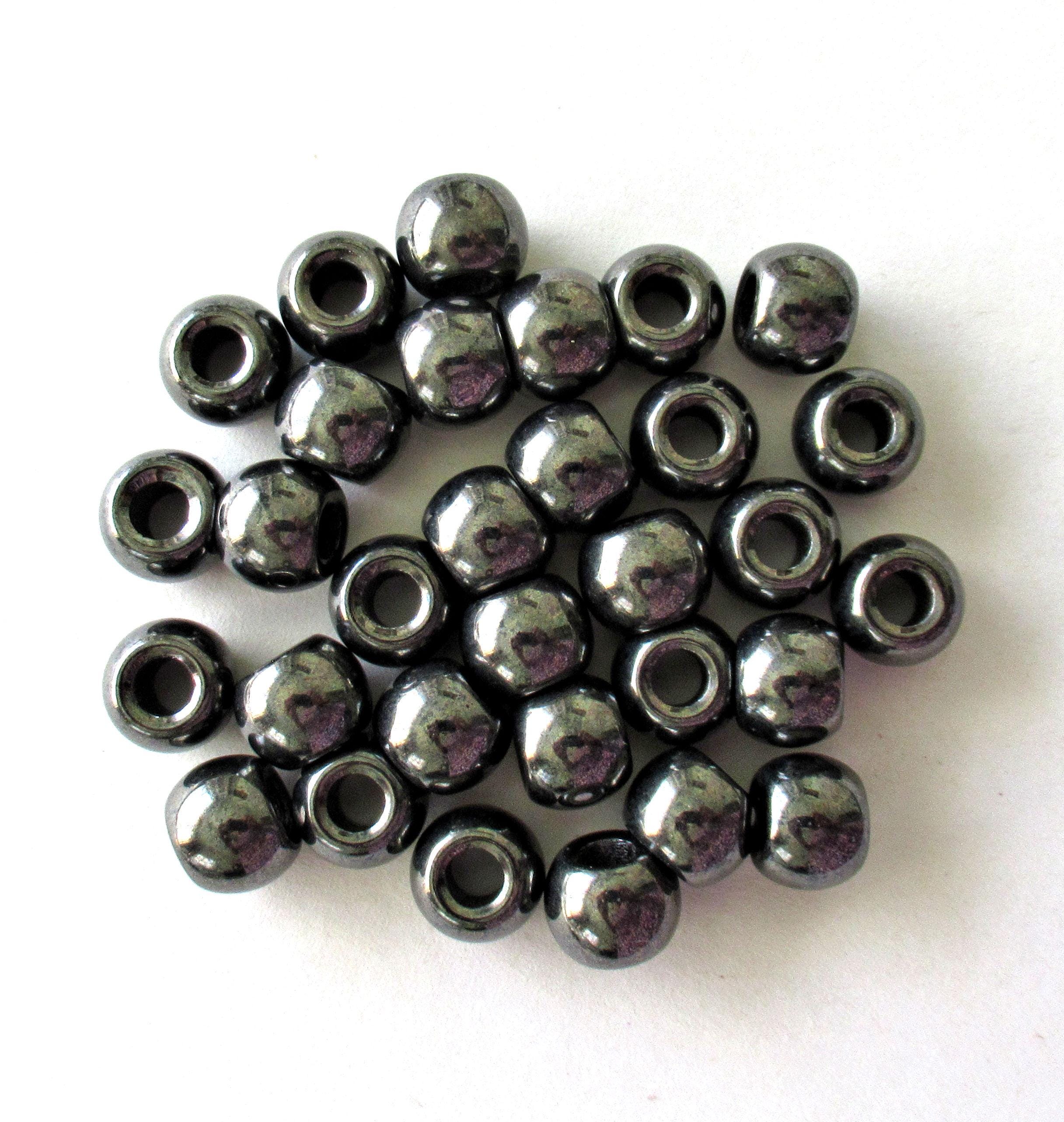 Large big hole round druk beads - 12mm - metallic hematite or gun metal Czech glass druks - large 4mm holes - six pieces - C00401
