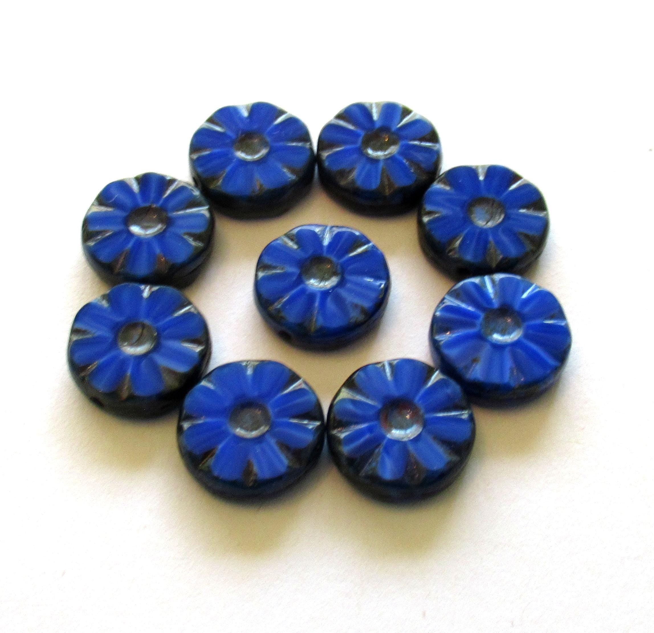 Czech glass flower wheel or coin beads - opaque royal blue silk picasso beads - table cut carved, beads - 10 beads - 12mm x 4mm - C00091
