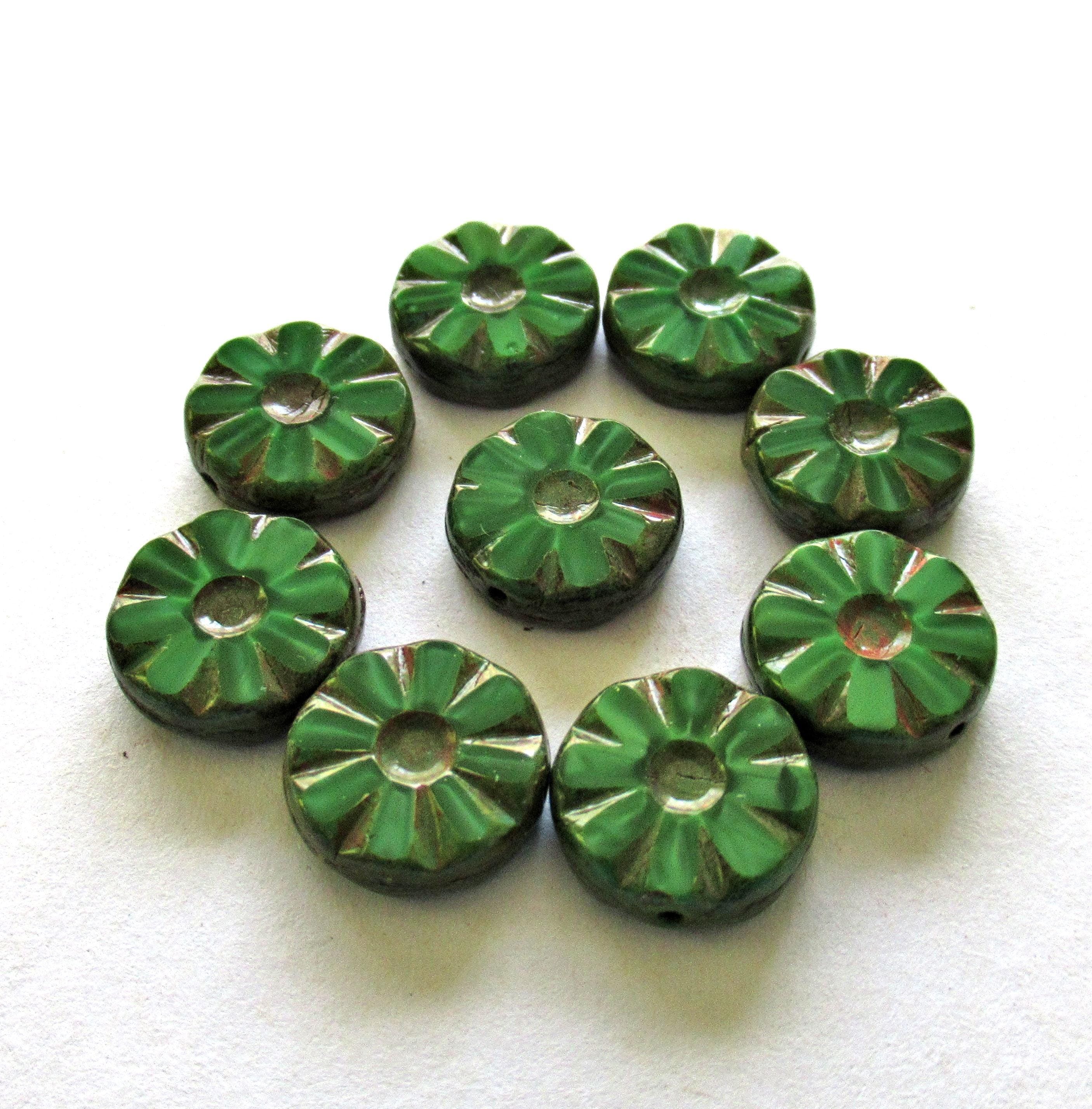 Czech glass flower, wheel or coin beads - green silk picasso beads - table cut carved daisy beads - 12mm - 10 beads - C00771
