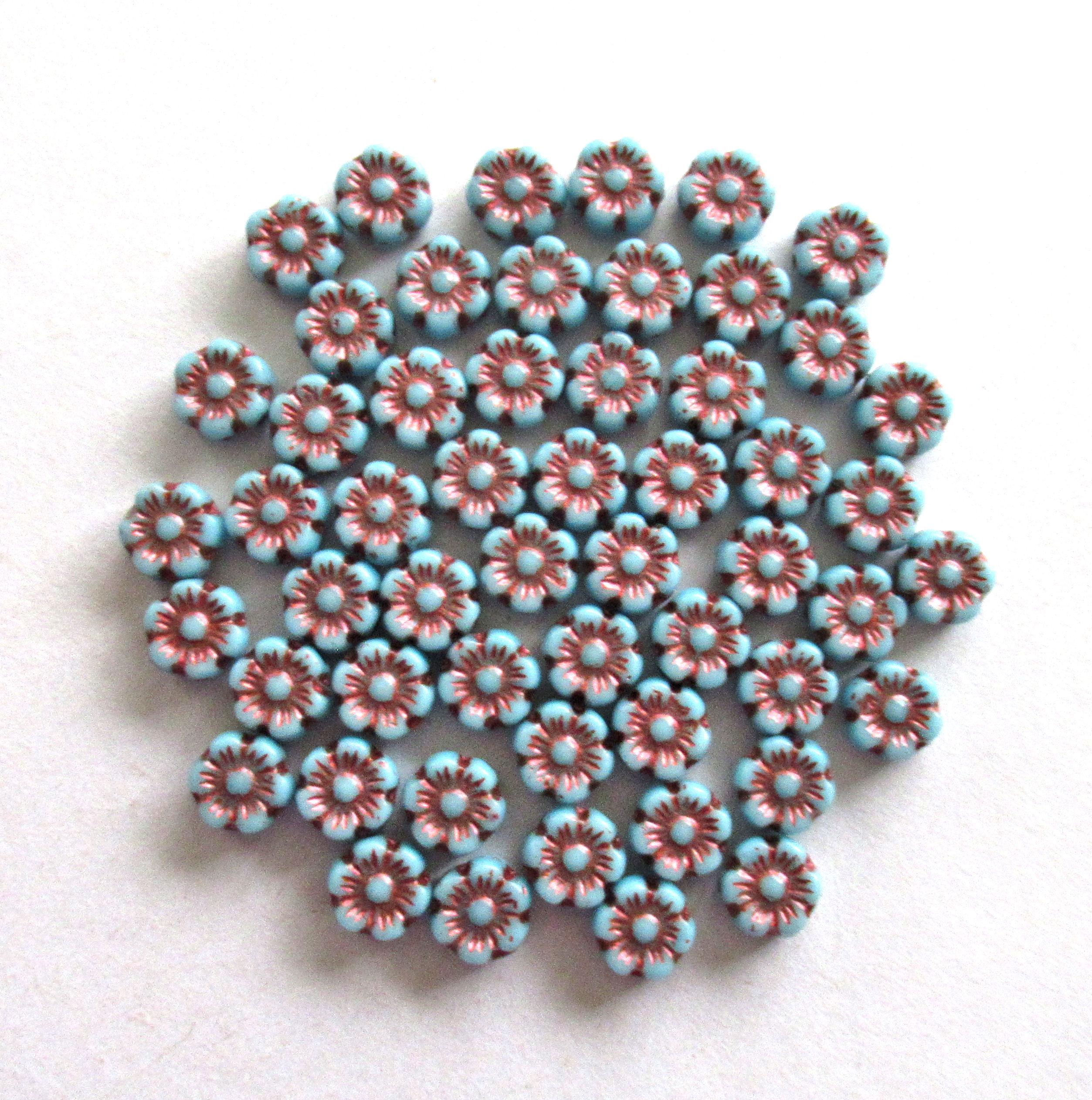 25 small Czech glass flower beads - 6mm opaque turquoise blue beads with a metallic purple bronze wash - pressed glass floral beads - C0068