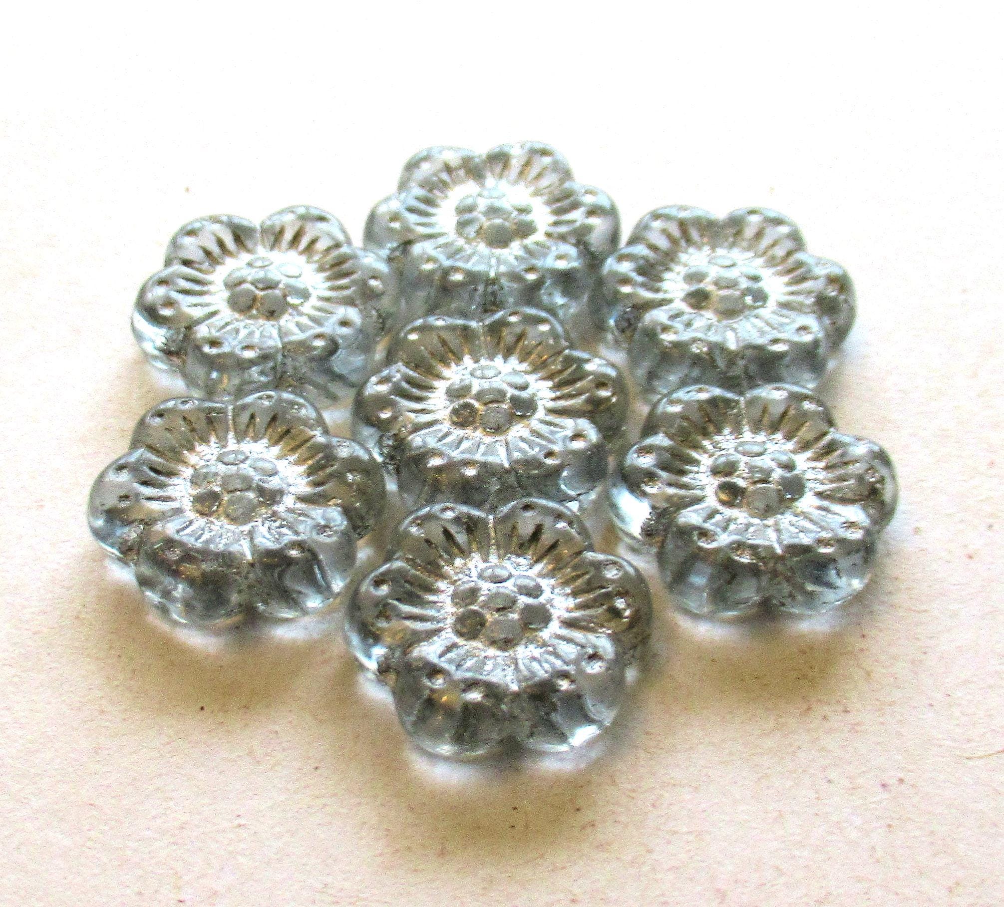 Ten Czech glass wild rose flower beads - 14mm transparent crystal clear floral beads with a silver wash C00221
