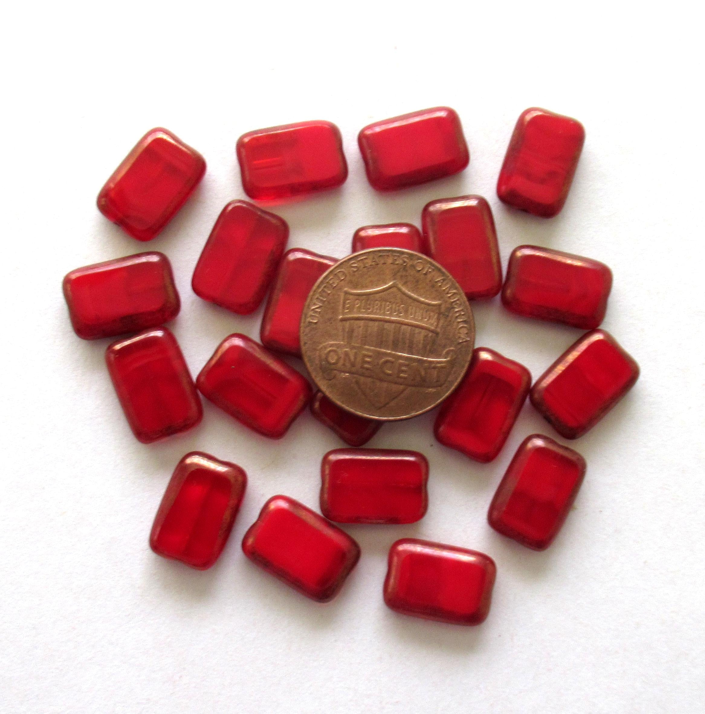 Ten Czech glass rectangle beads - 8 x 12mm - marbled opaque and transparent red bronze Picasso accents - table cut beads  - C0221