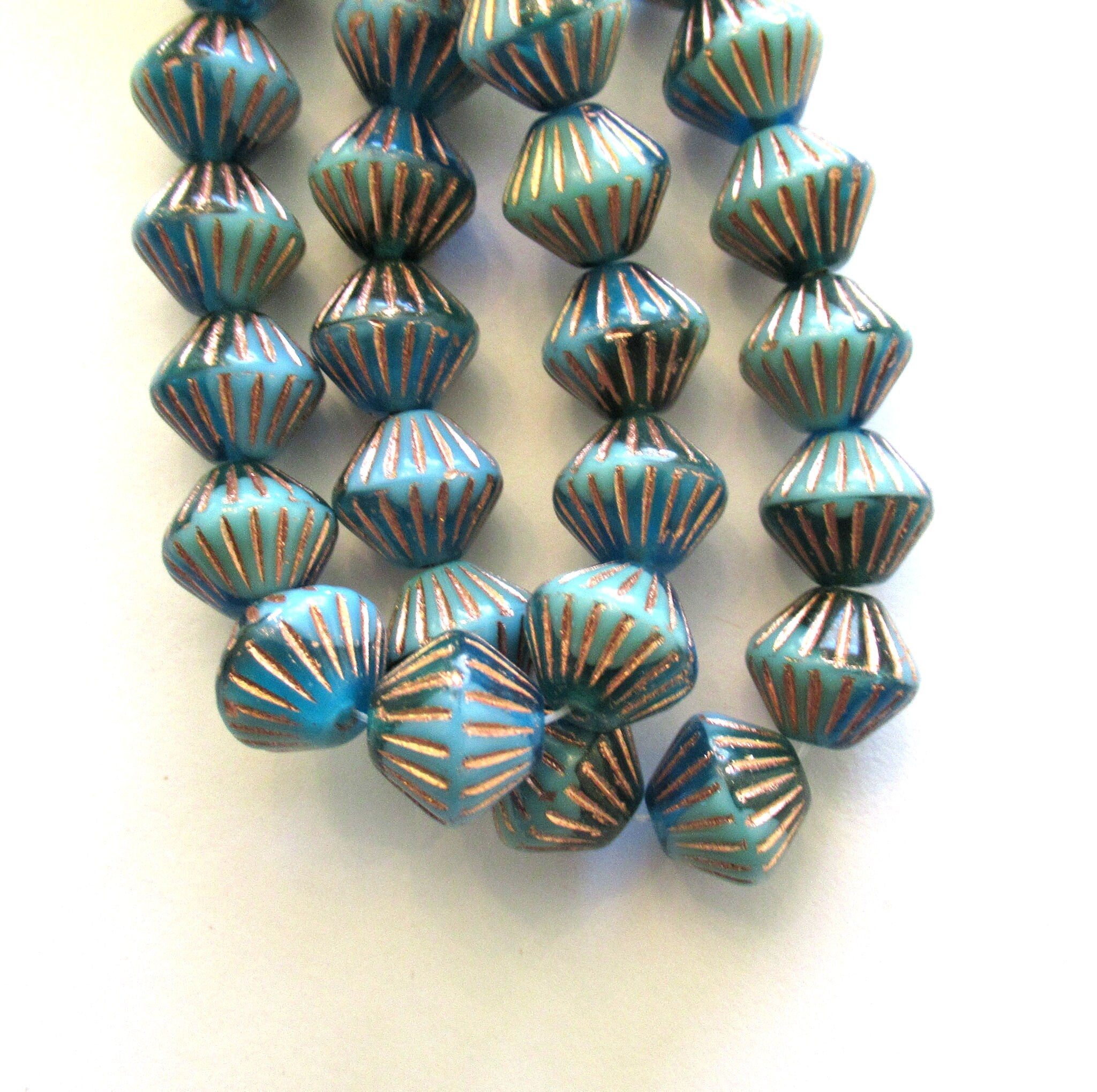 Five 11mm x 10mm chunky rustic Czech glass bicones - opaque and transparent blue & green w/ bronze accents carved bicone beads- C0045