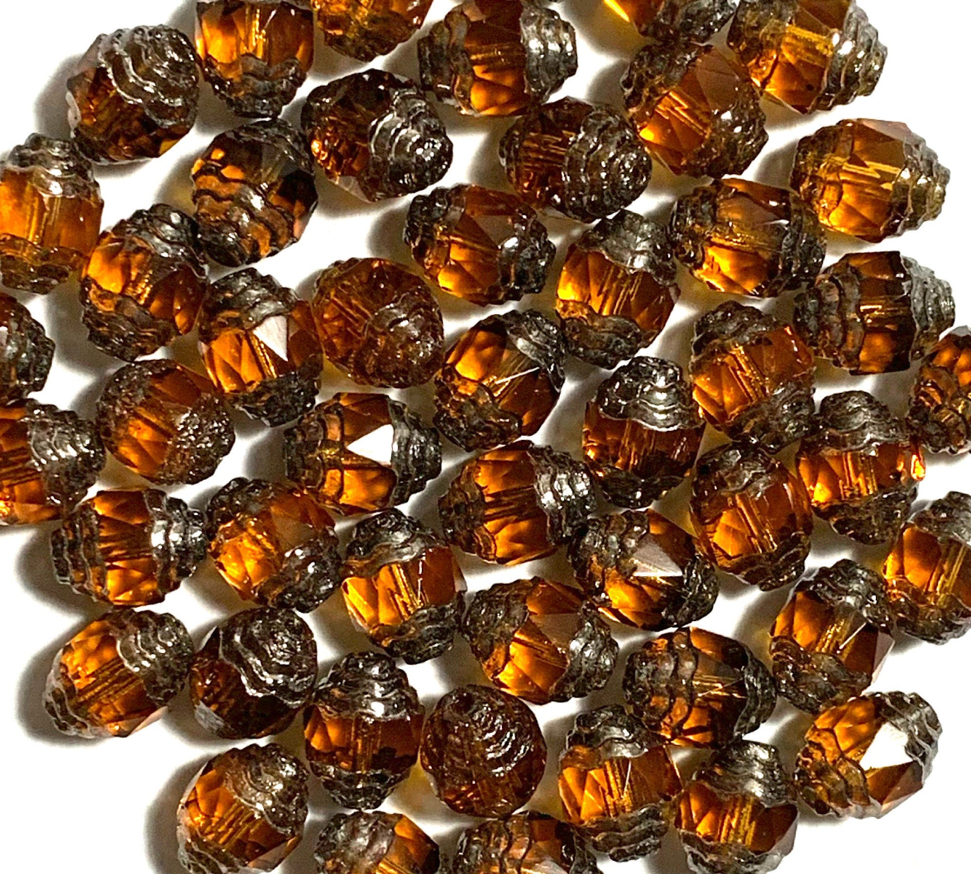15 Czech glass fire polished faceted fancy antique cut oval cathedral beads - 10 x 8mm topaz brown beads with silver accents - C0058