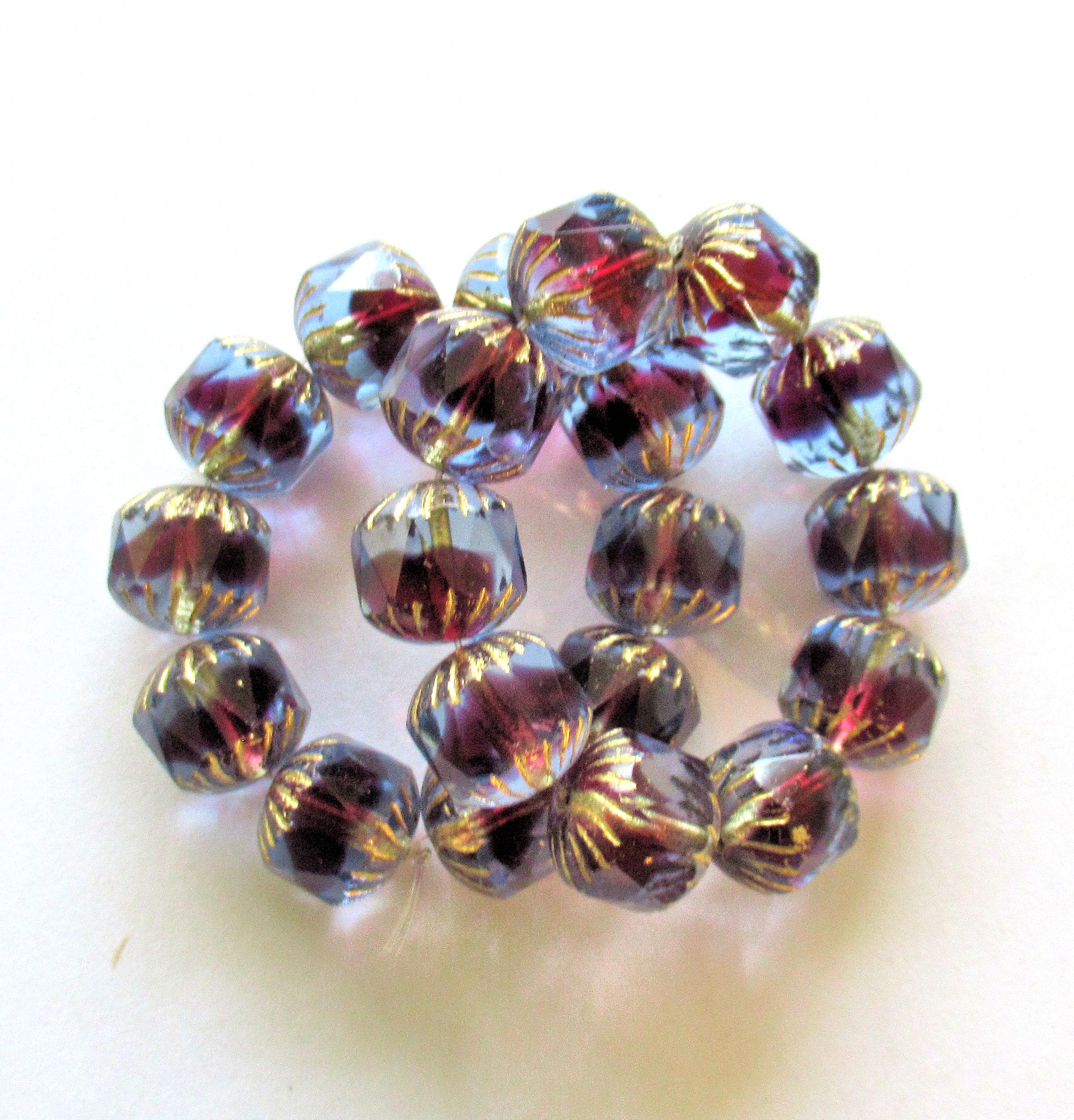 Ten large Czech glass center faceted cruller beads - 10mm - light sapphire blue & deep pink fuchsia cathedral beads w/ gold accents - 00084