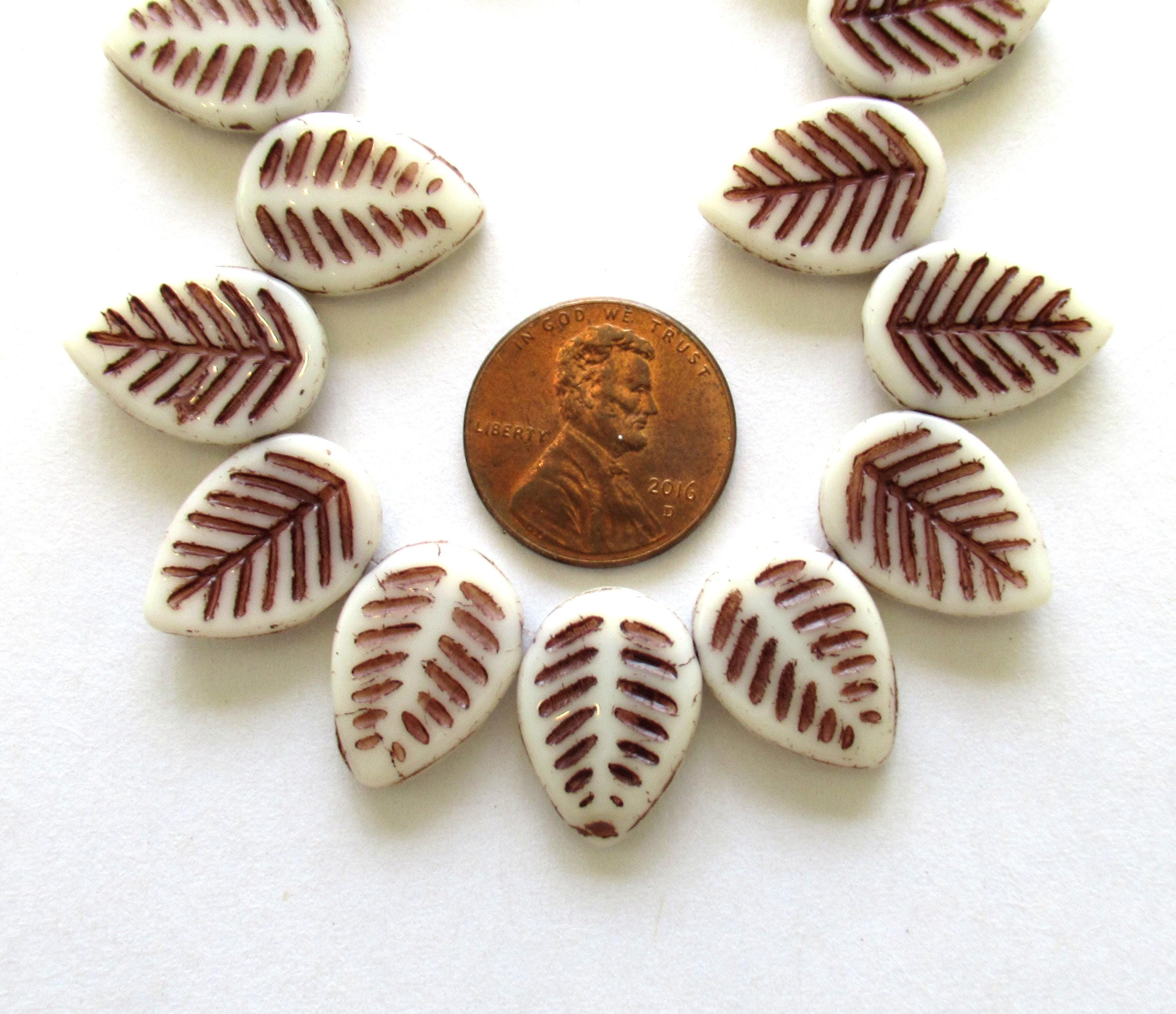 Ten large Czech glass leaf beads - side drilled white beads with a brown wash - 12 x 16mm carved beads C00041