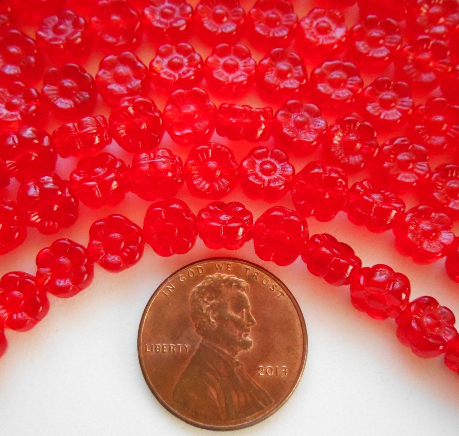 25 6mm Siam Red Czech glass flower beads, pressed glass red flower beads, C4001