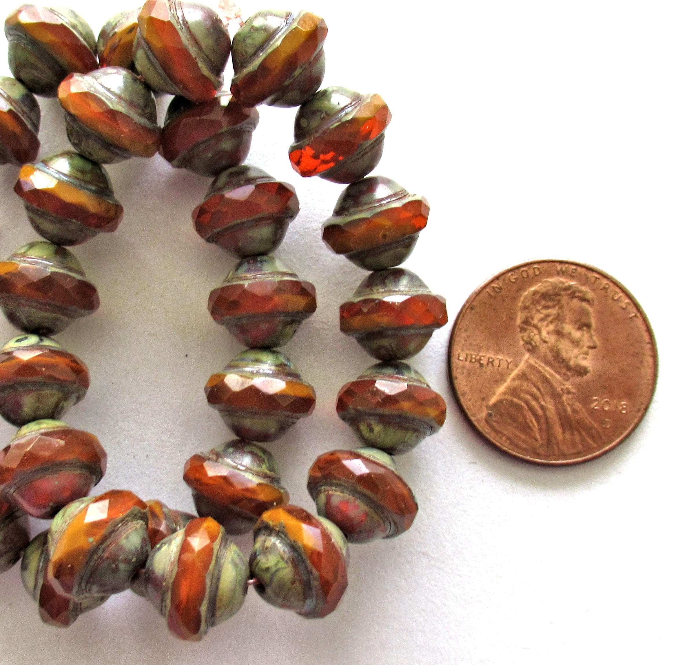 Czech glass faceted saturn or saucer beads - 8 x 10mm transparent & opaque mix rust orange brown w/ picasso finish - fifteen pieces - C00302