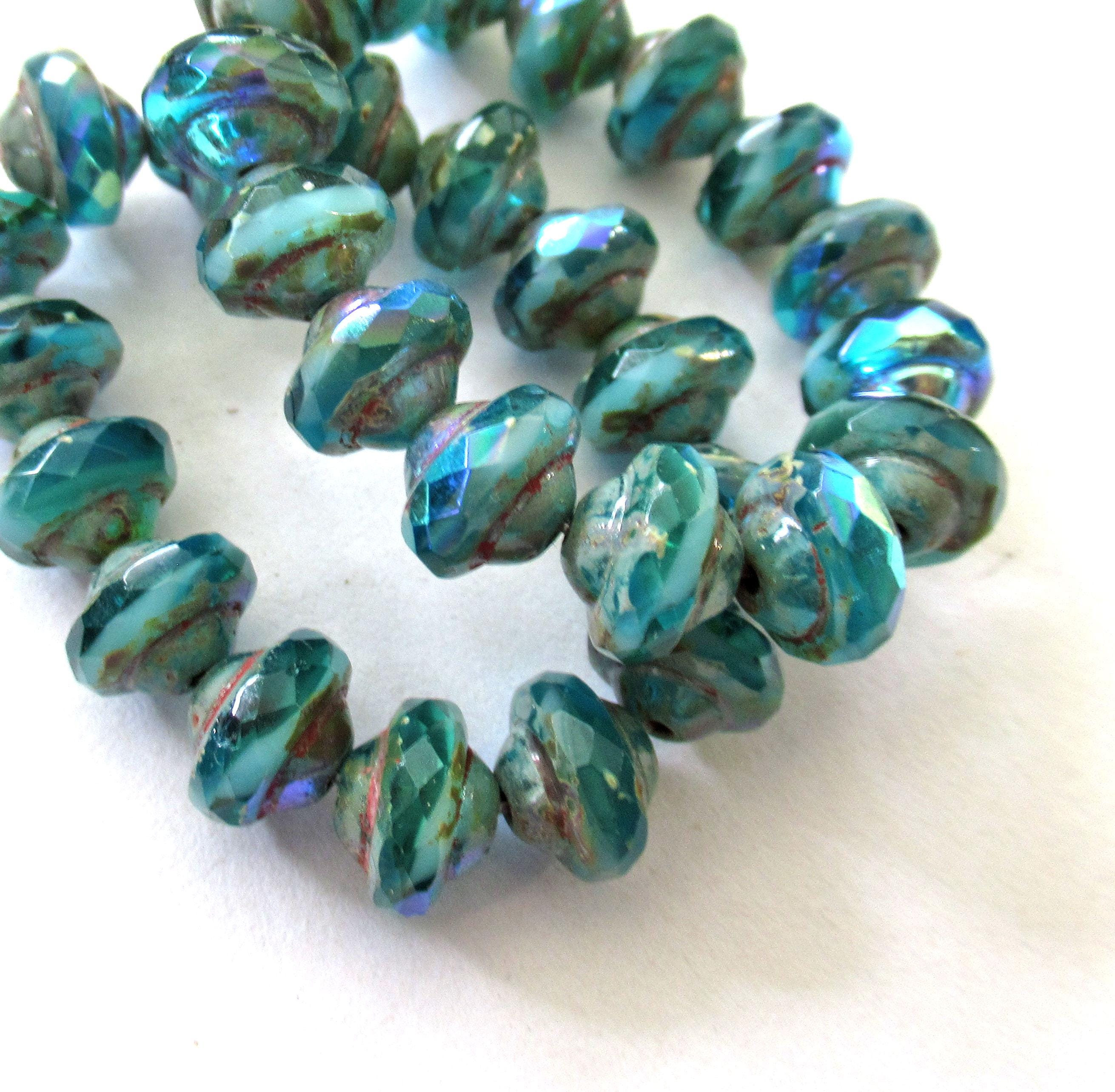 15 Czech glass mini saturn beads - 6 x 8mm opaque & transparent teal blue green ab picasso beads - faceted fire polished saucer beads- 00842