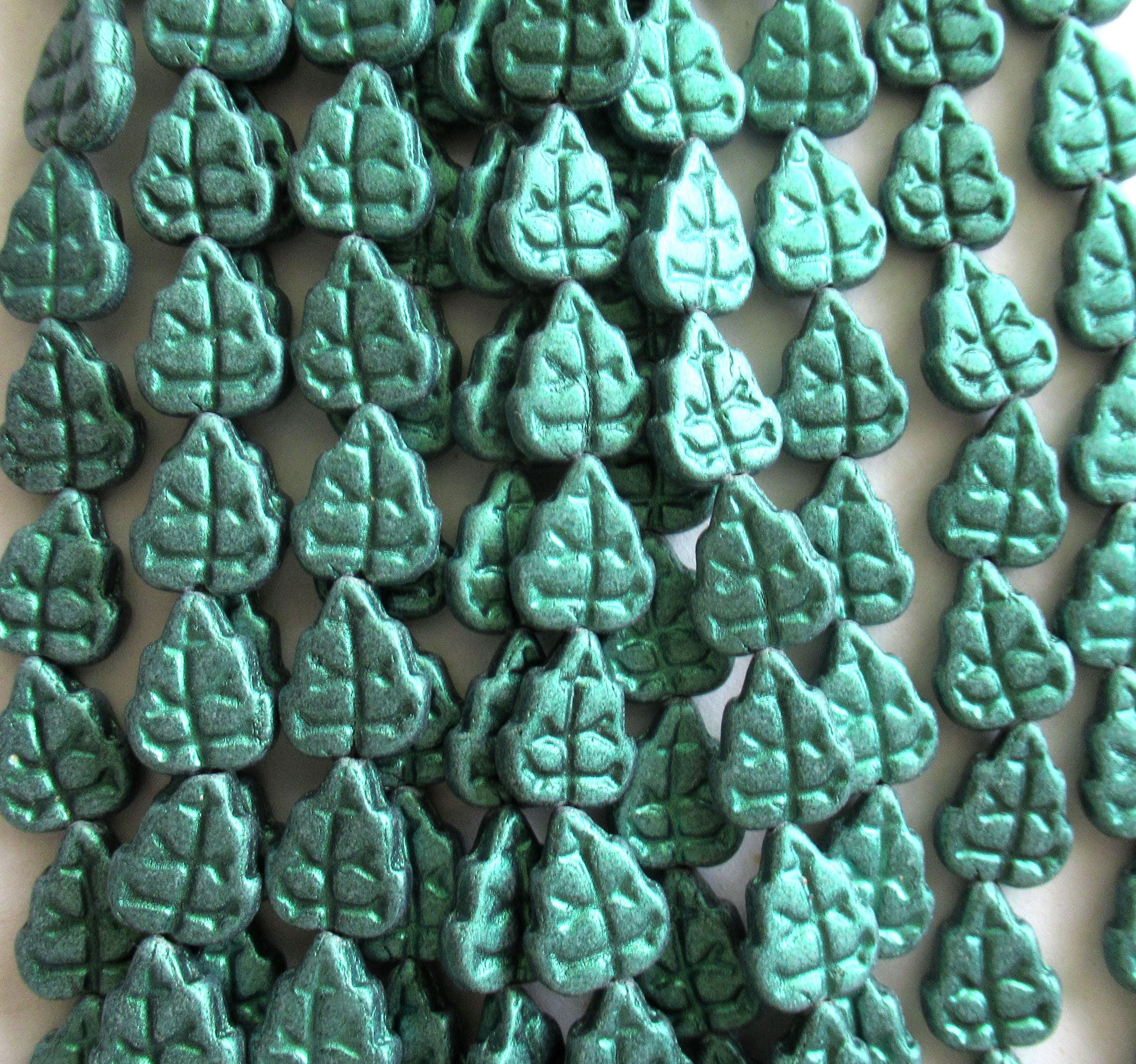 25 Czech glass leaf beads - matte metallic suede leafy green beads - 8 x 10mm leaves - C0076