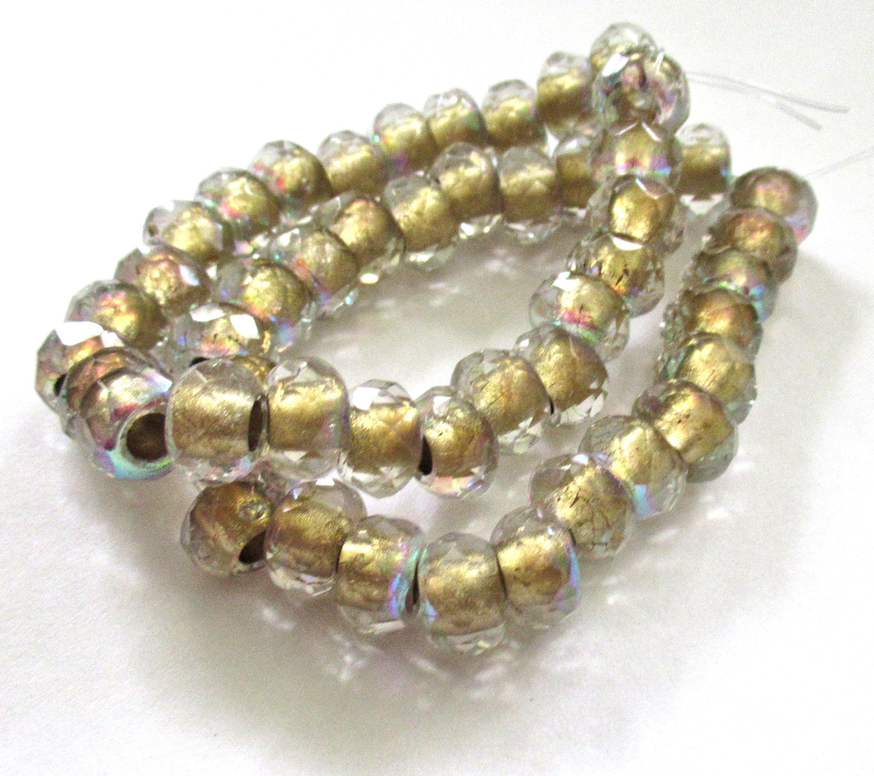 Ten Czech glass faceted roller beads - 9 x 6mm - crystal clear ab gold lined beads - tyre beads - big 3mm big hole beads C00011