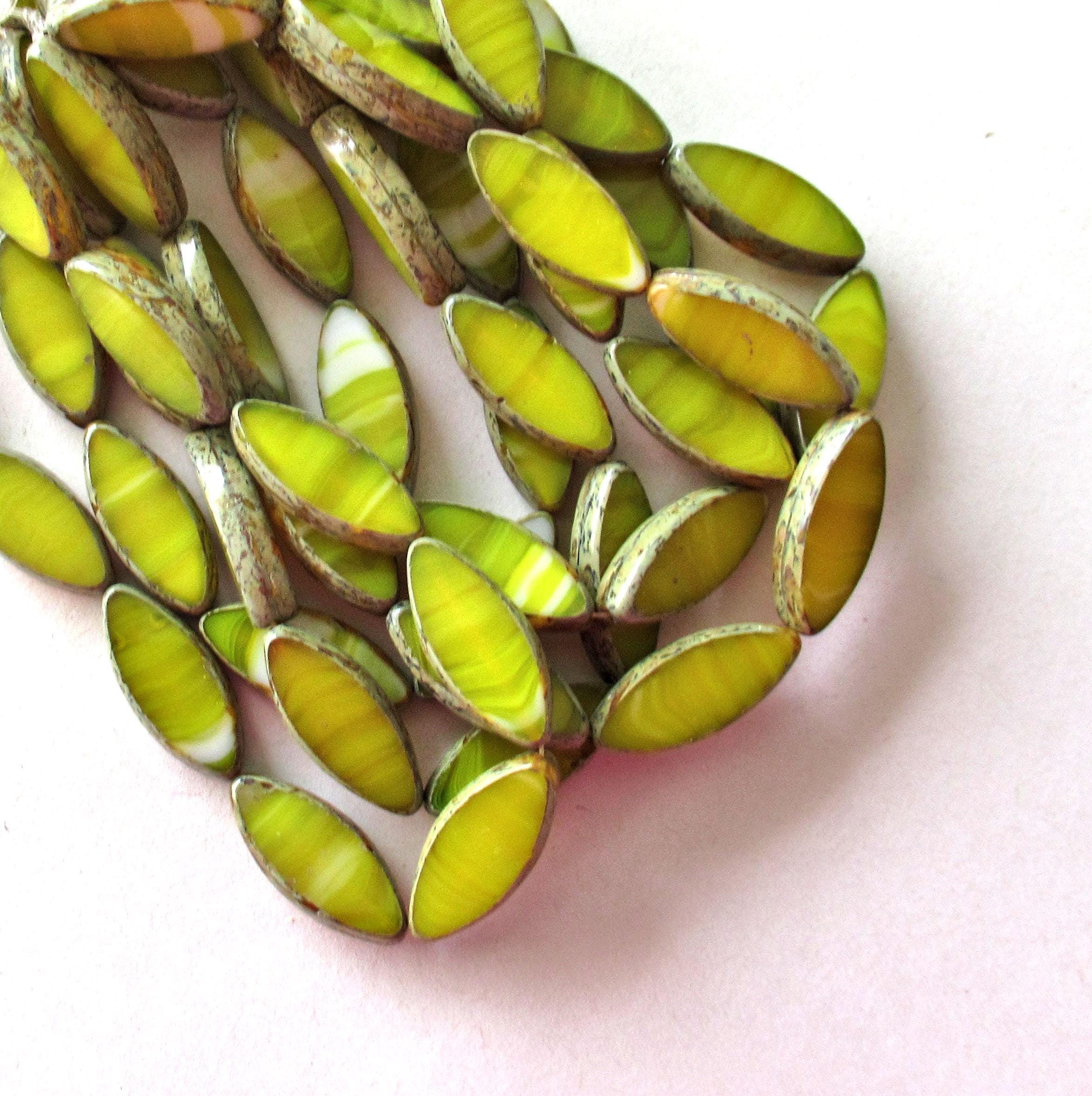 Ten 17 x 8mm Czech glass spindle beads - opaque marbled yellow & white picasso beads - table cut almond shaped beads C000191