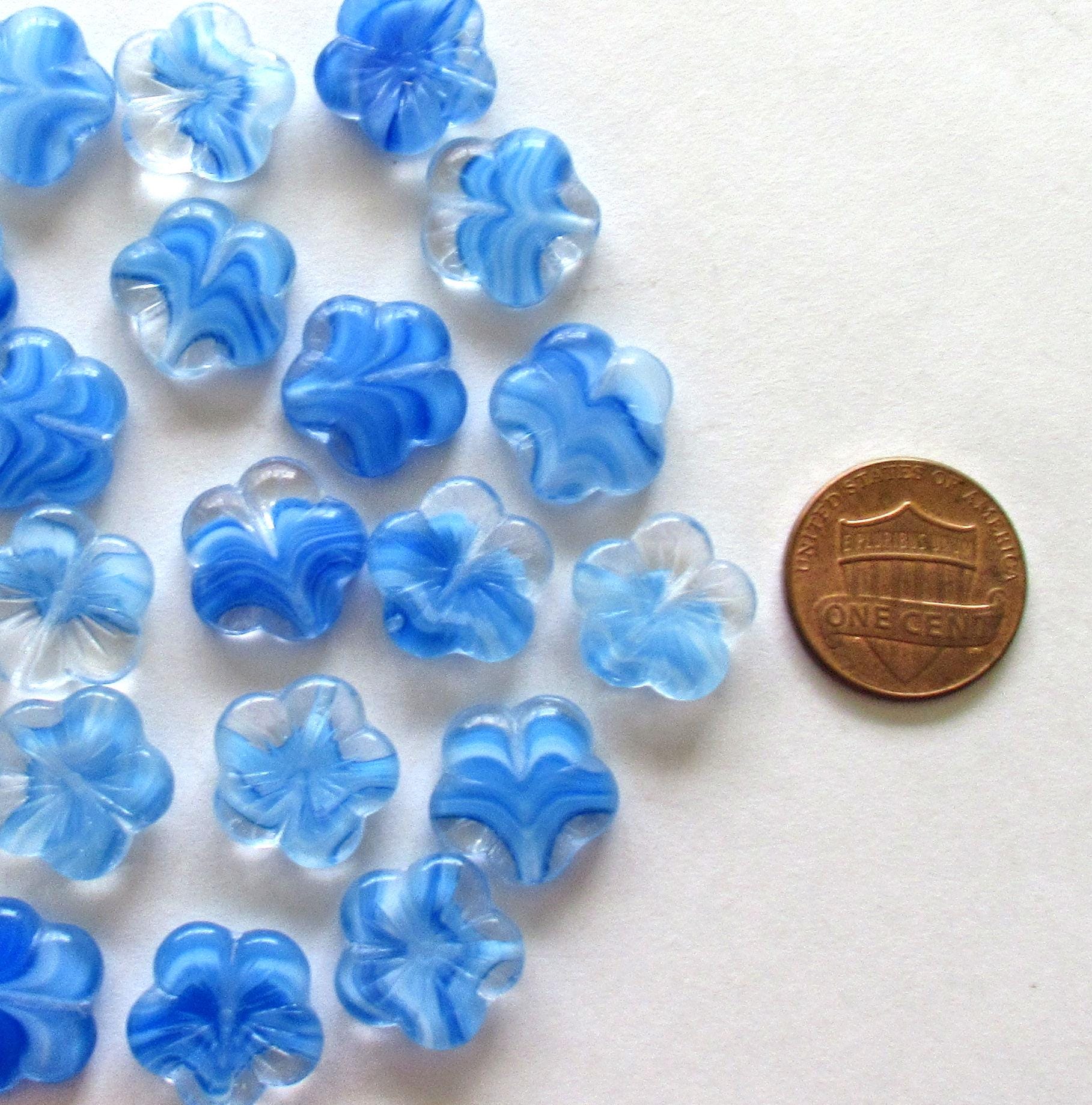 Ten 14mm Czech glass flower beads - marbled blue white and clear glass - pressed floral beads - C0331