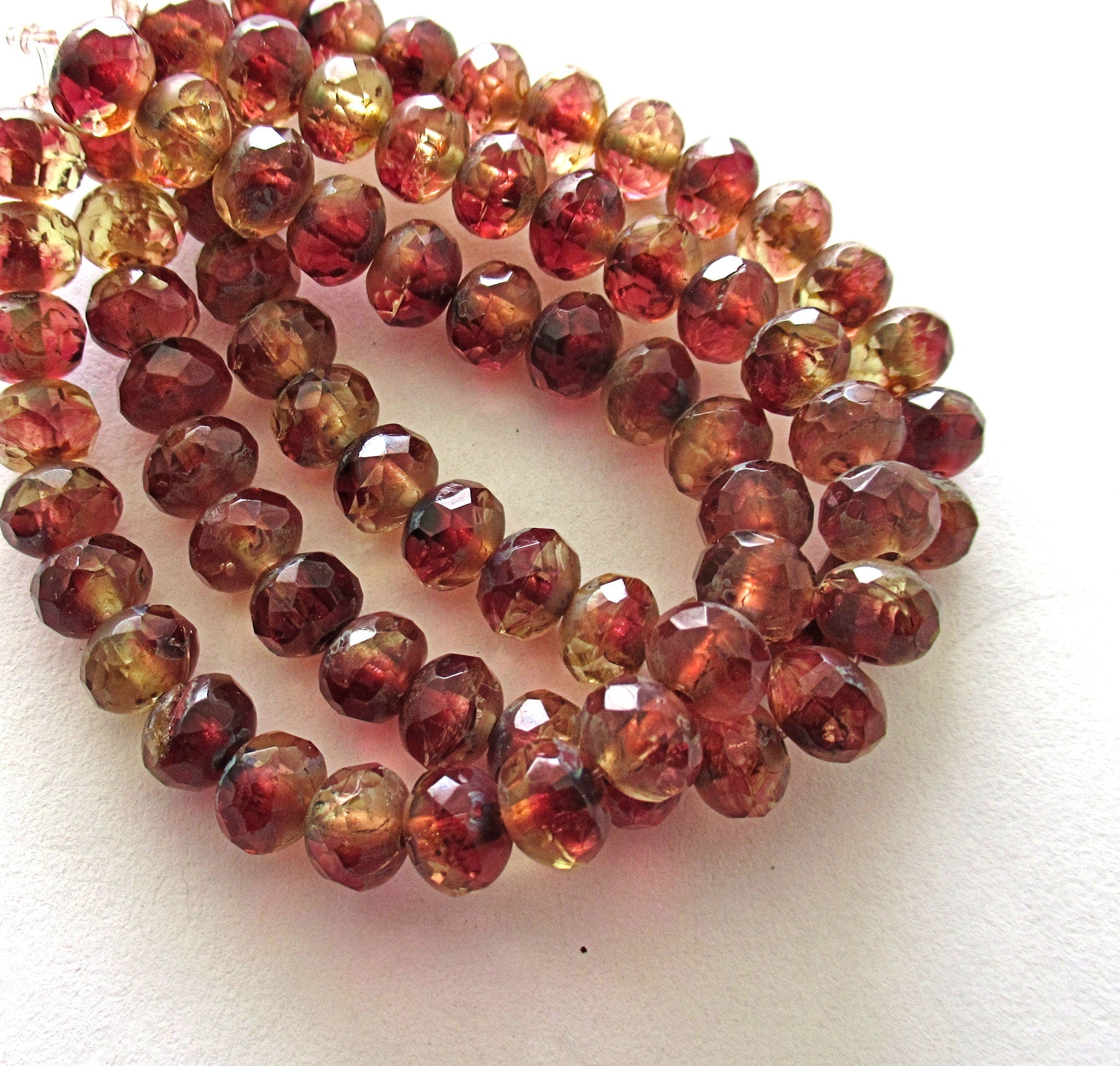 Lot of 25 Czech glass puffy rondelle beads - 5 x 7mm amber & pink color mix faceted rondelles C00961