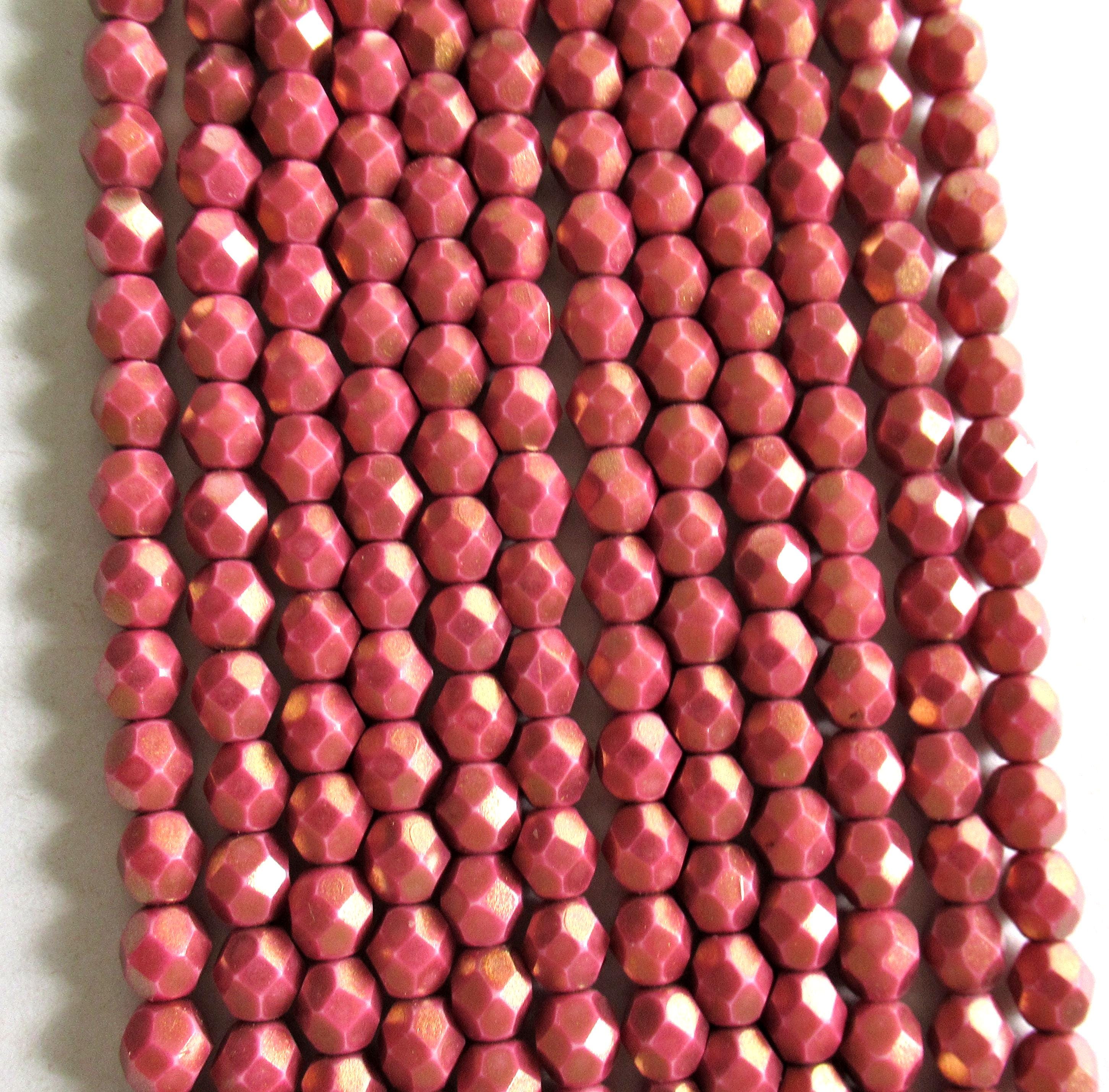 25 6mm Halo Ethereal Cherub Czech glass beads - opaque pink beads with a shiny gold finish - fire polished faceted round beads - C0086