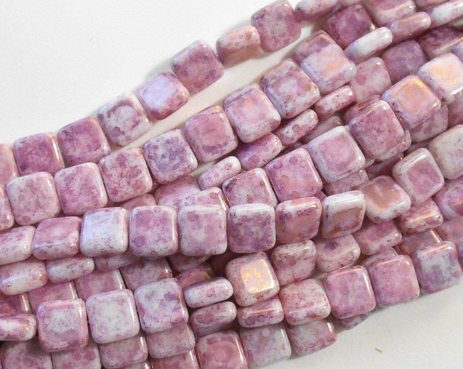 25 9mm Opaque Luster Topaz Pink Czech square flat glass beads, pink picasso beads C8925