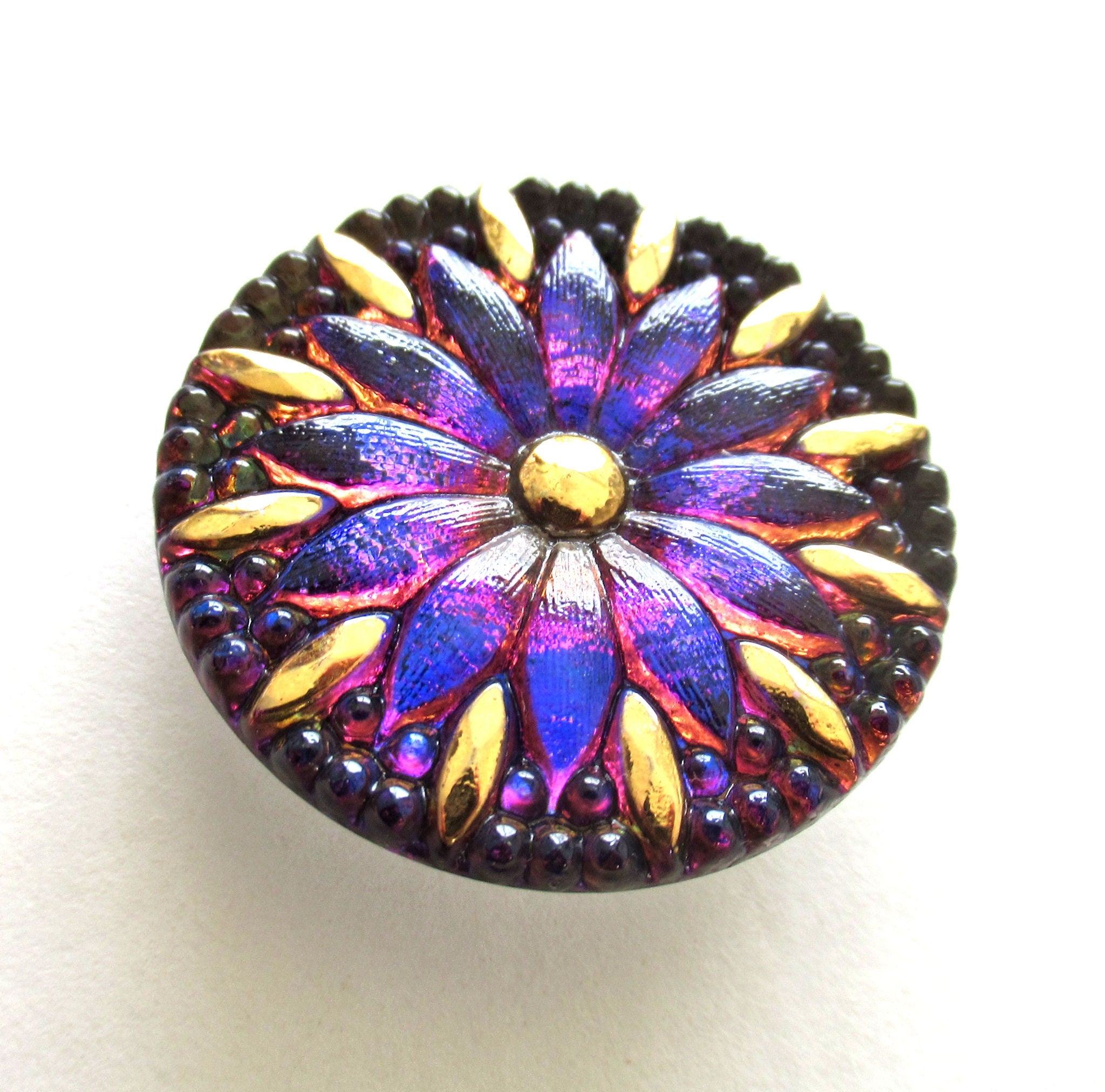 One Czech art glass button - 31mm bright blue violet / pink flower button with gold accents - decorative floral shank buttons C00404