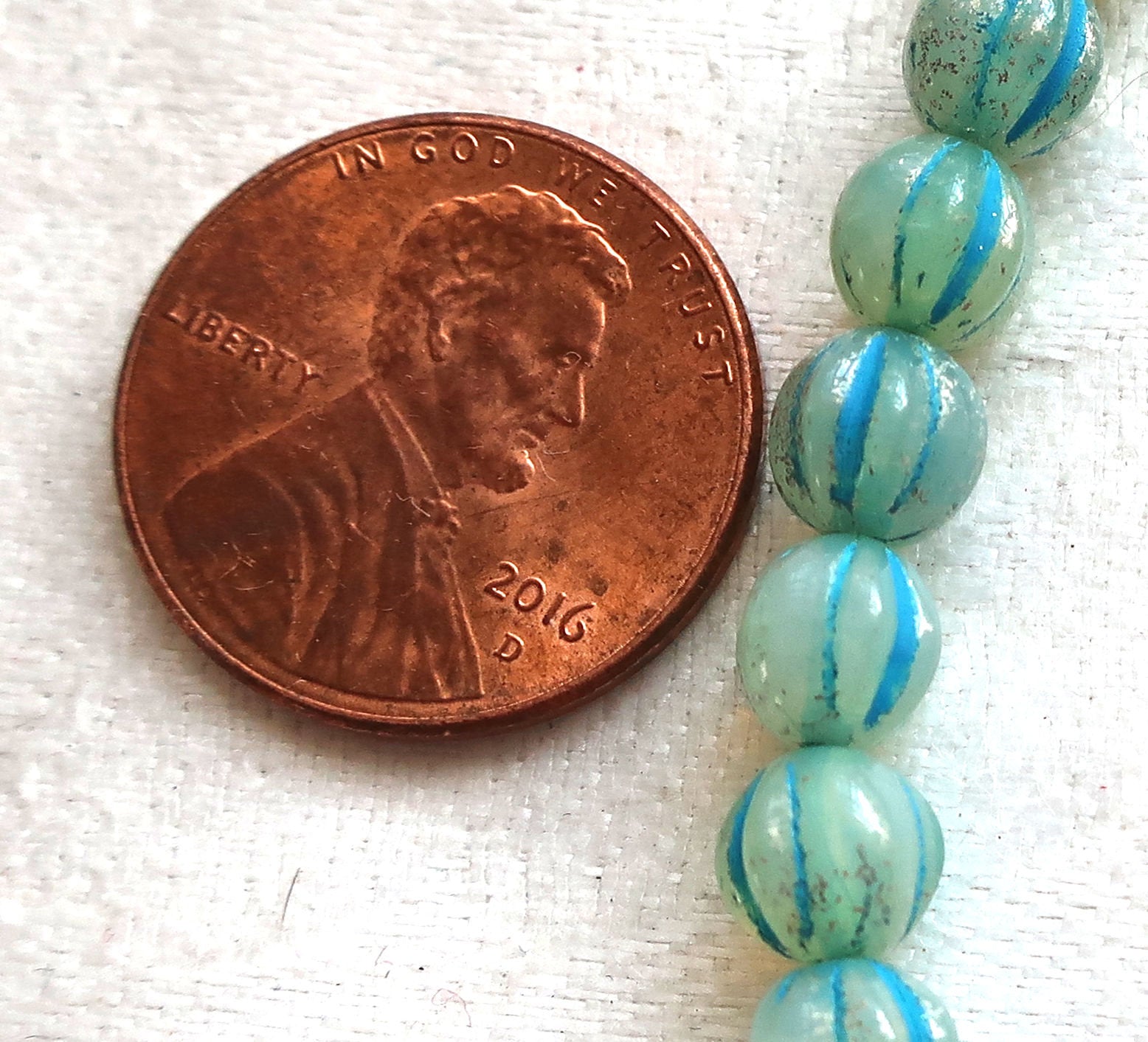 25 Striped aqua blue mercury melon beads, 6mm pressed Czech glass beads C0901