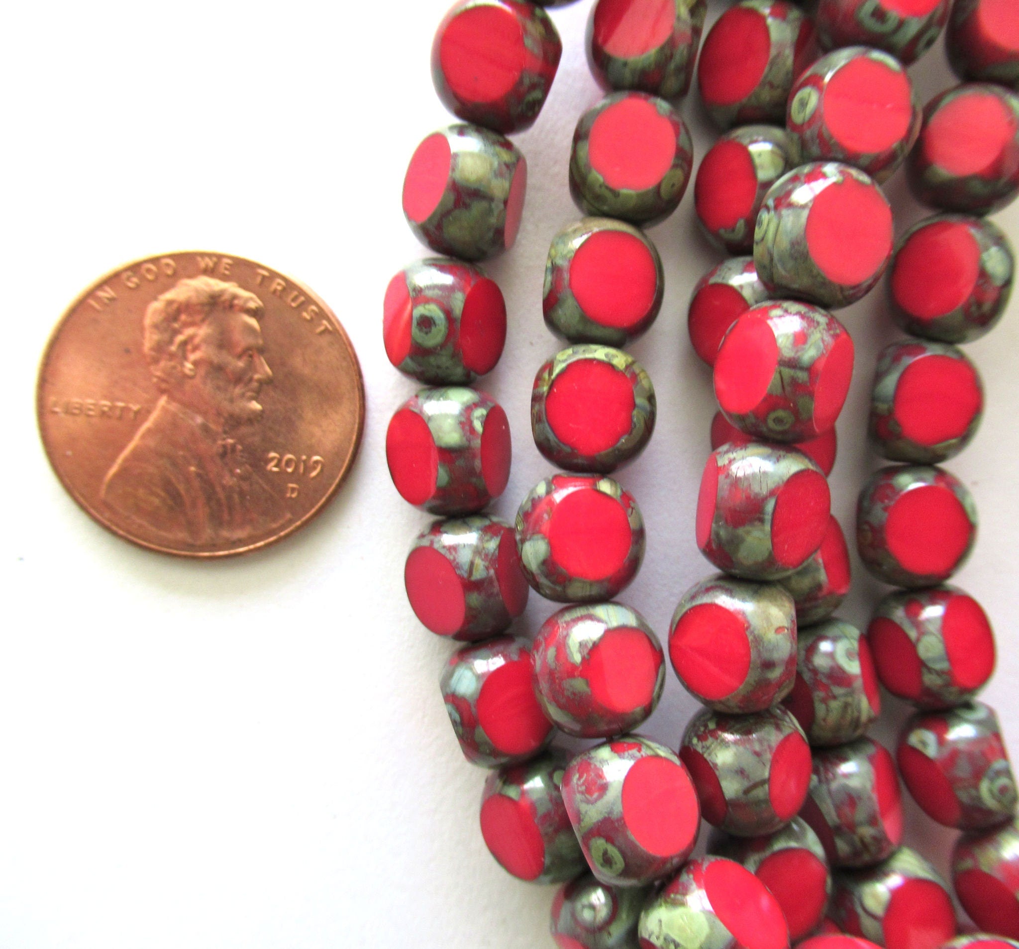 15 Tri-cut - Round Czech glass beads - opaque red picasso table cut 8mm rustic earthy beads C00521