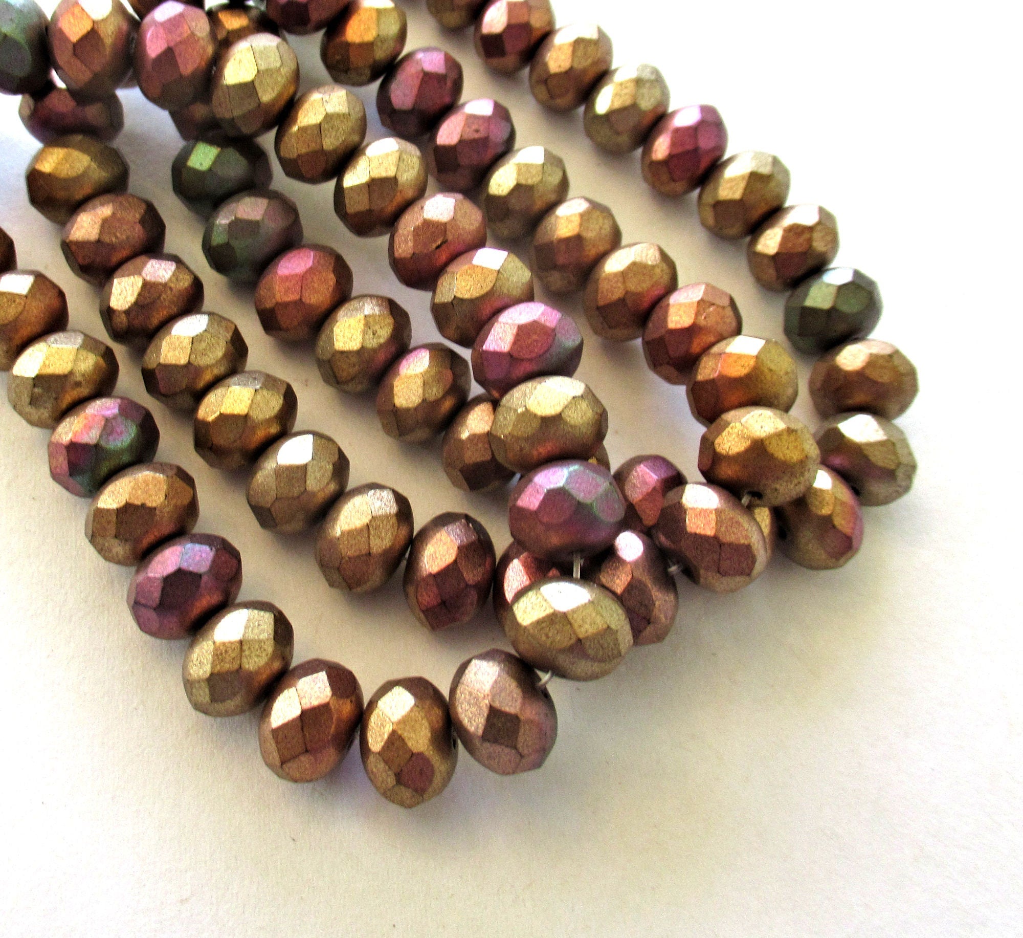 25 Czech glass puffy rondelle beads - opaque matte metallic mix earth tones - bronze iris - 6 x 8mm faceted fire polished rondelles C00822