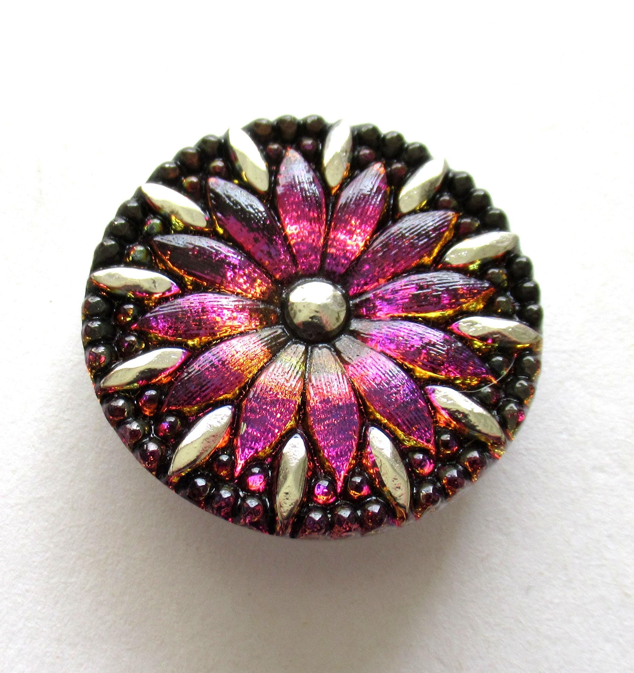 One large Czech glass flower button - iridescent purple pink & orange button with silver accents - 31mm - decorative shank button - 00004